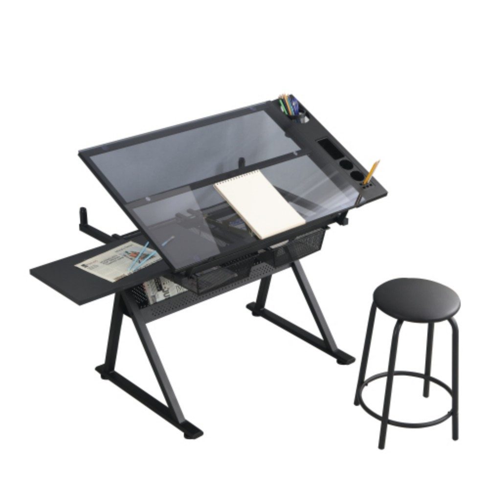 kowdom Zeichentisch Zeichentisch verstellbar 0-75° Glas 98 cm mit Stuhl, 5 mm Glasplatte, neigbar 0-75°, 2 Metallschubladen, seitliche Ablagen