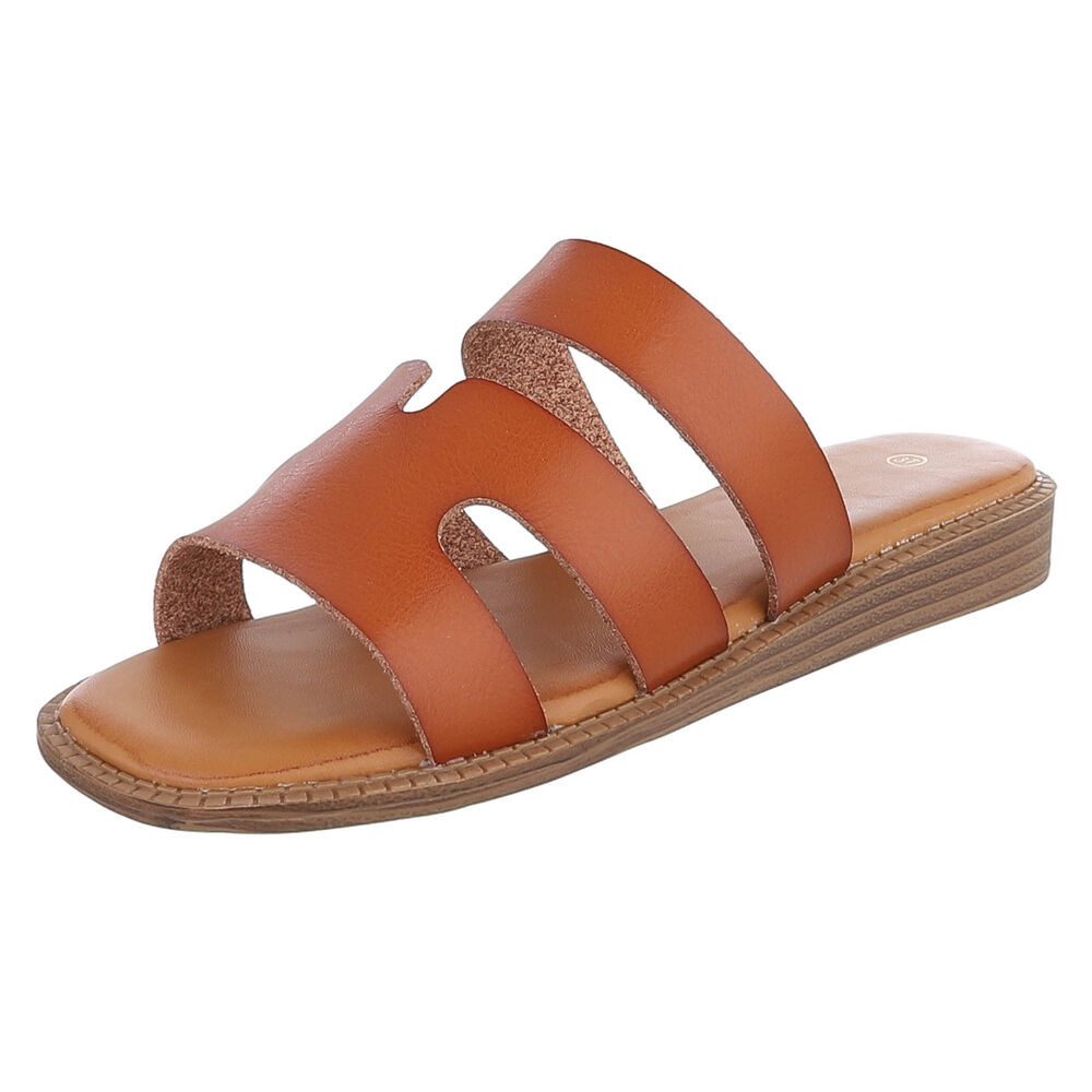 Ital-Design Damen Sandale mit breiten Riemen und bequemer Innensohle Pantolette (91409319) Keilabsatz/Wedge Pantoletten in Camel