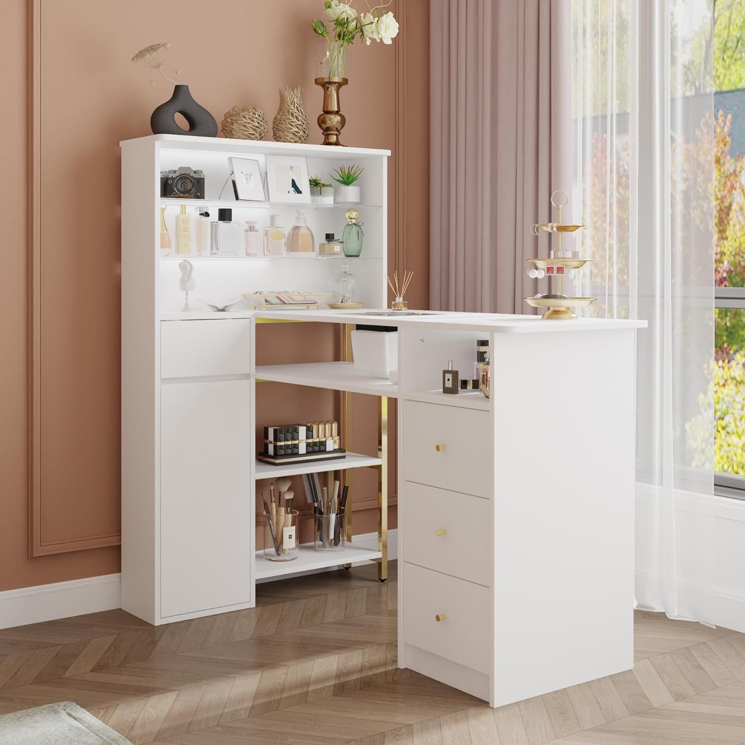 FUFU&GAGA Arbeitstisch Nageltisch mit Glasregalen, Weiß, MDF+Glas, 120×75×126,5 cm