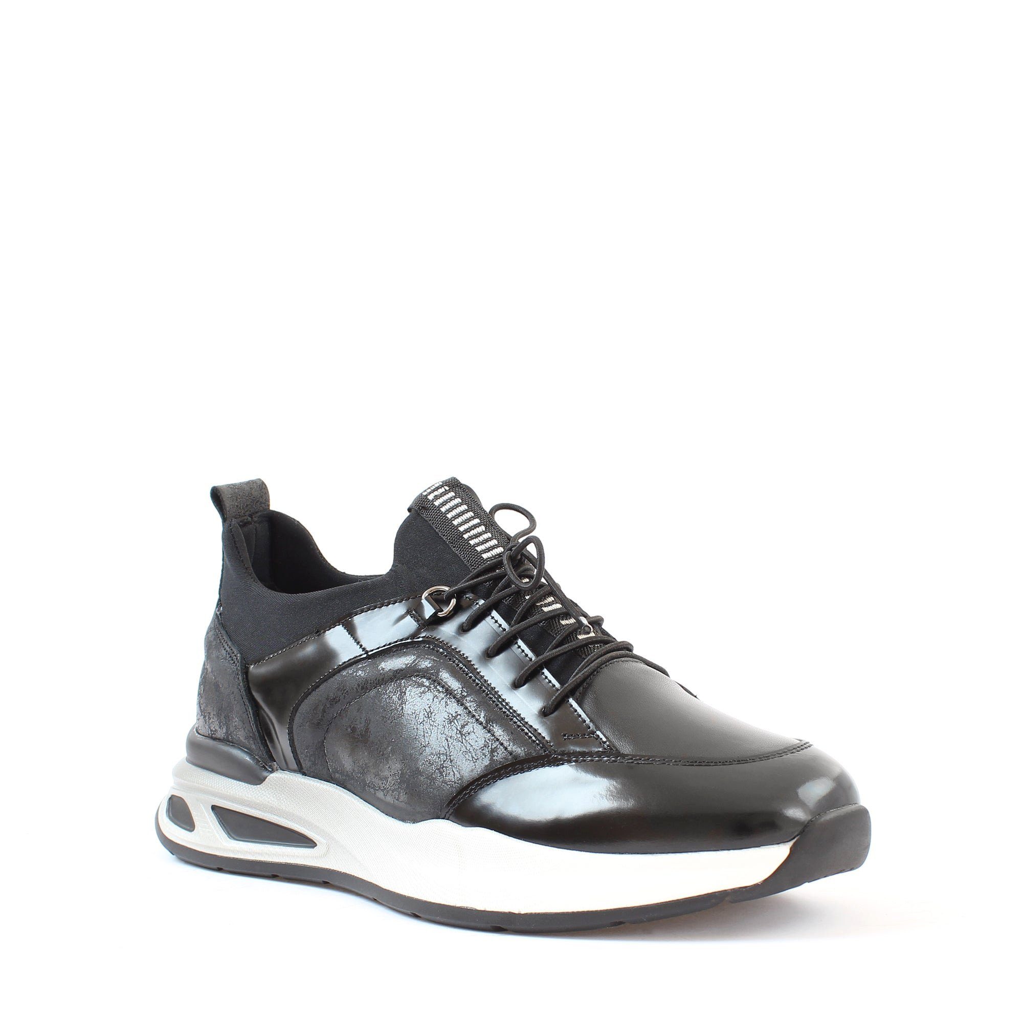 Celal Gültekin Leder-Sneaker Elastische Schnürung Plateau Casual Sportlich Herren Sneaker Glattleder, Plateau-EVA-Sohle, Elastische Schnürung, Schwarz, 43