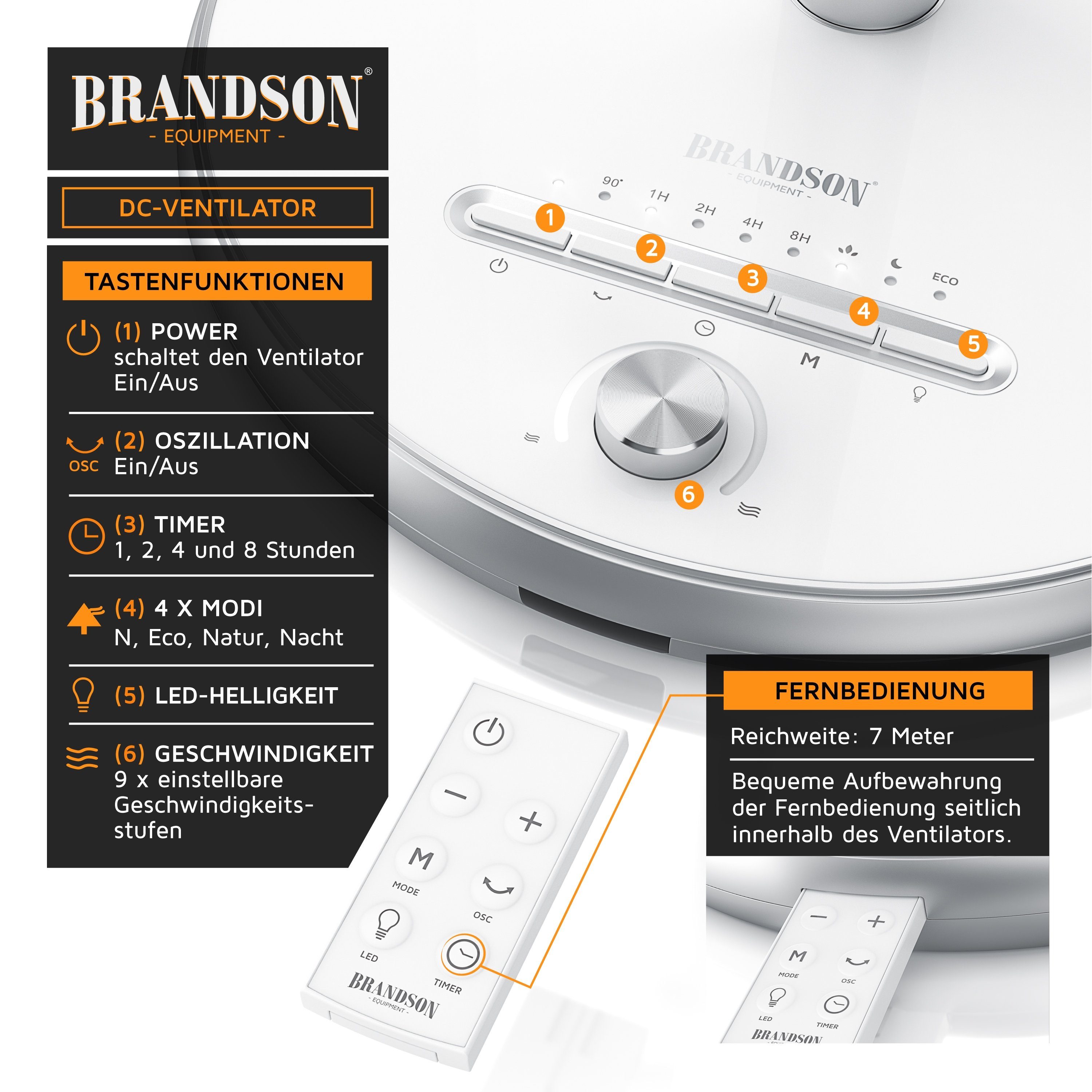 Timer mit Durchmesser, höhenverstellbar, Standventilator, Standlüfter 32 25 Motor, W Oszillation, DC Brandson cm