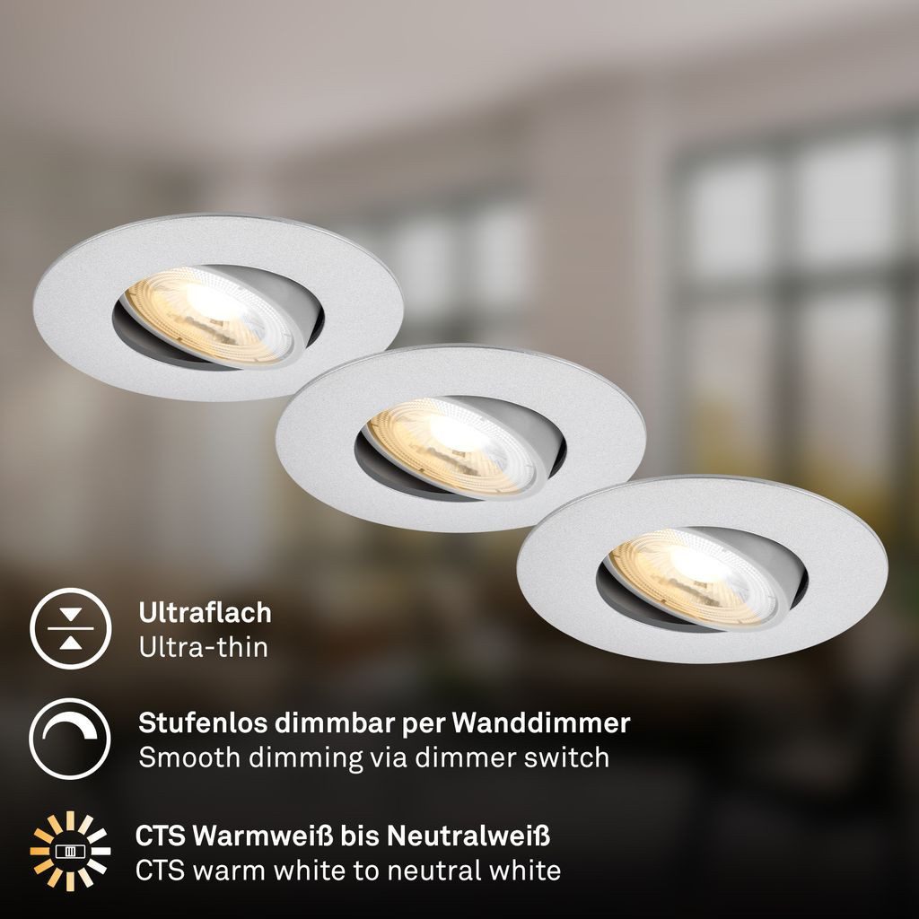 Briloner Leuchten LED Einbaustrahler LED Einbaustrahler 3er Set Schwenkbar CCT Dimmbar, LED fest integriert, 4000K - Neutralweiß, 2700K - Extra-Warmweiß, 3000K - Warmweiß, 90x24 mm, Wohnzimmer, Flur