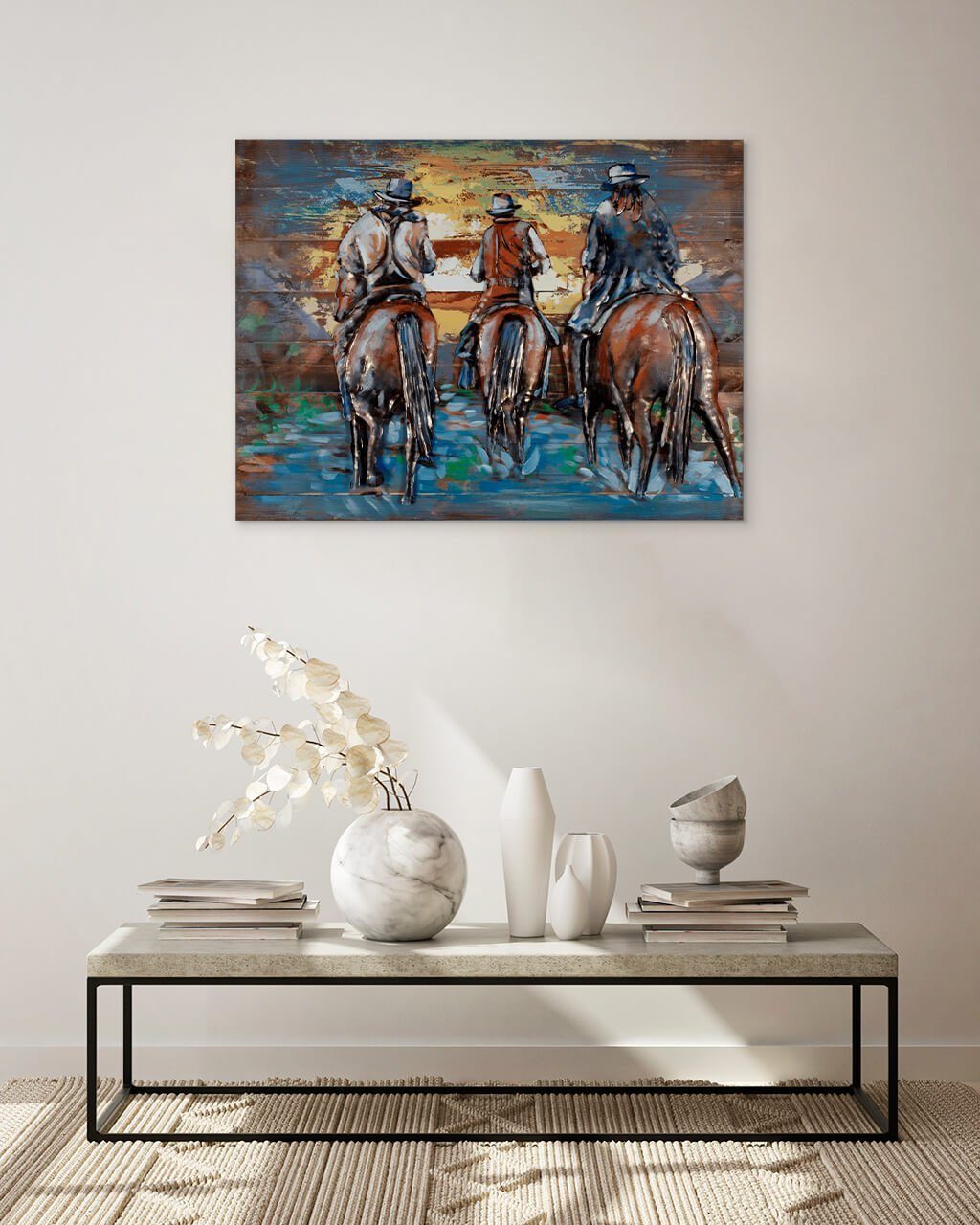 handgefertiges Holz 100x75 aus at cm, Wandbild Holzbild Sunset Ride Cowboys KUNSTLOFT