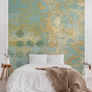 Bilderdepot24 Vliestapete Vintage Marokkanische Collage Gold Türkis Orientalisch Floral Ranke, Glatt, Matt, (Inklusive Gratis-Kleister oder selbstklebend), Wohnzimmer Schlafzimmer Küche Flur Fototapete Motivtapete Wandtapete