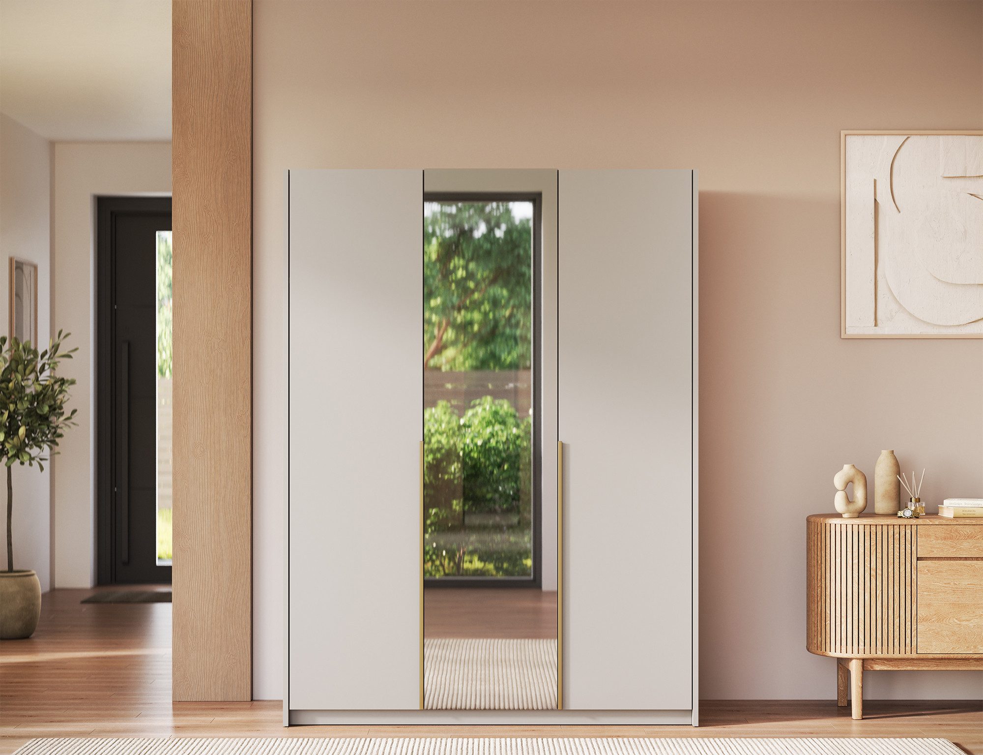 MOEBLO Drehtürenschrank Lunaro III (Kleiderschrank, 3-türig, mit Spiegel, 8 Einlegeböden und Kleiderstange, optional mit Aufsatzschrank) (BxHxT): 148 x 204/250 x 58 cm