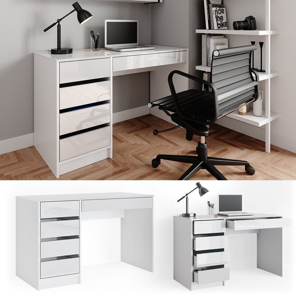 Vicco Schreibtisch Bürotisch Computertisch 5 Schubladen Weiß SHERRY Hochglanz
