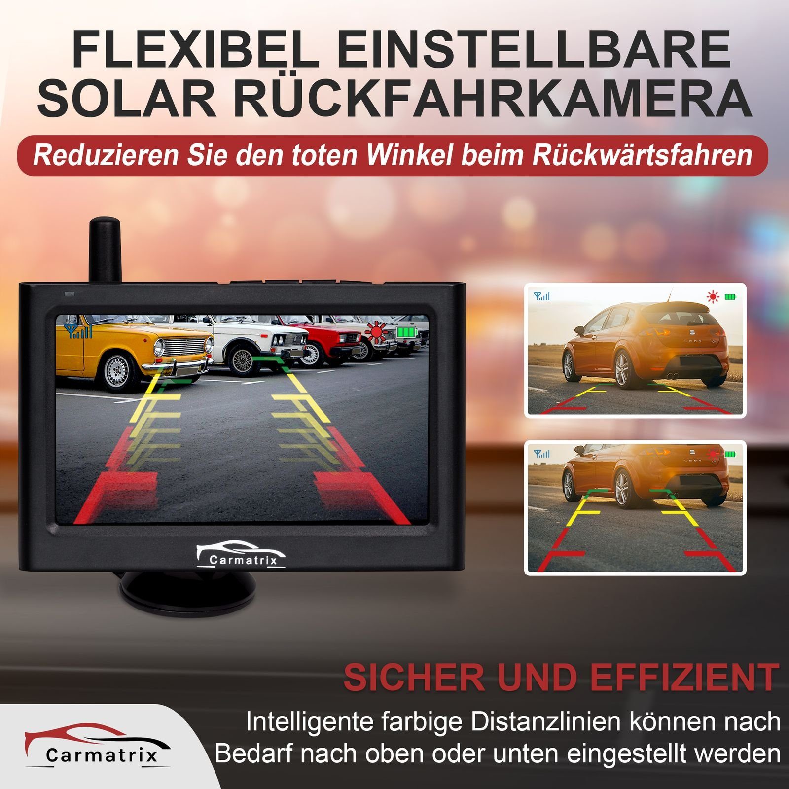 CARMATRIX Solar 1 Rückfahrkamera (Solar Funk Video Rückfahrsystem im Nummernschild Kennzeichenhalter, Rückfahrkamera Solarpanel Akku Digital kabellos ohne Bohren)