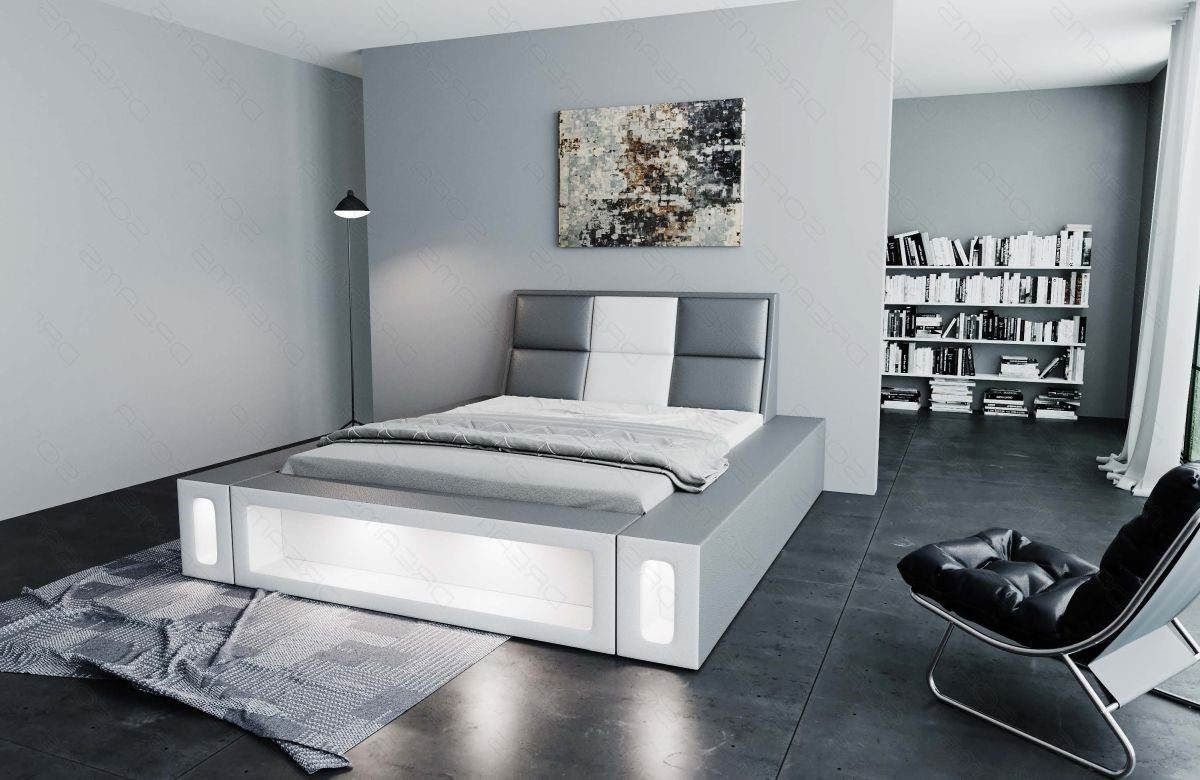 Sofa Dreams Boxspringbett Bett Beleuchtung, mit mit Venosa LED LED Kunstleder Beleuchtung Topper, mit Mit Komplettbett Matratze, Premium grau-weiß