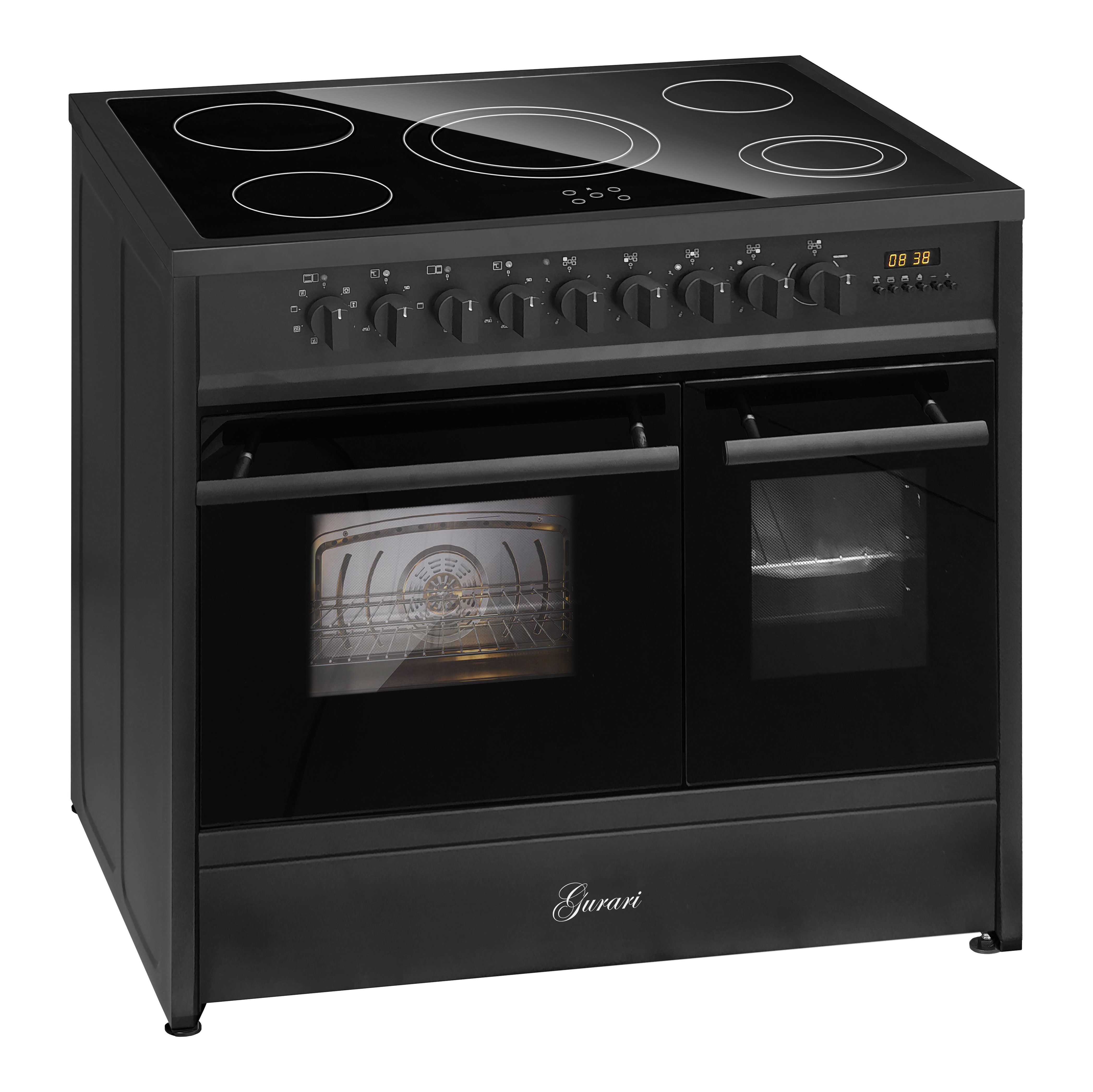 GURARI Elektro-Standherd 90 cm Retro Herd Freistehend, Schwarz, Multi 8 Doppelbackofen GCH E 912 DF BL.,., mit 1-fach-Teleskopauszug