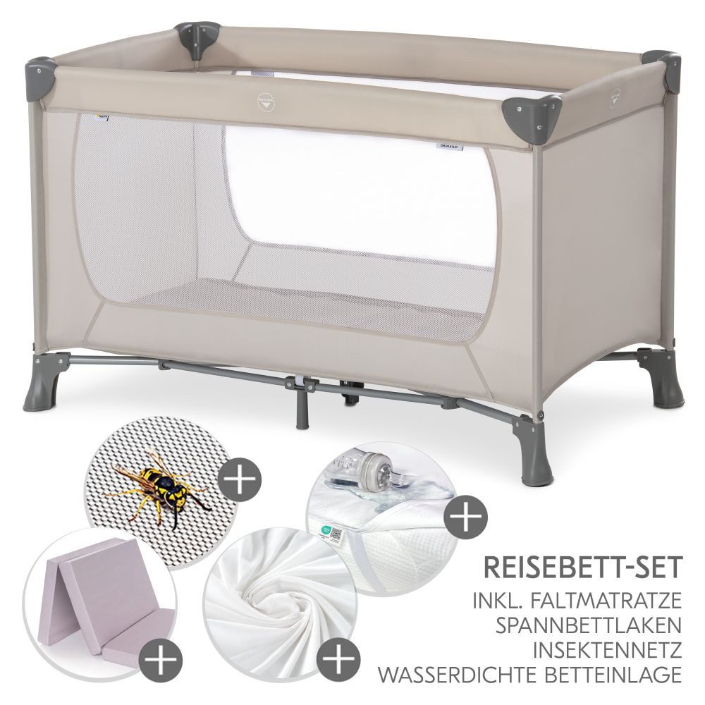 Hauck Baby-Reisebett Dream`n Play - XXL-Set - Beige, Baby Kinder Reisebett mit Matratze, 2 Spannbettlaken & Insektenschutz