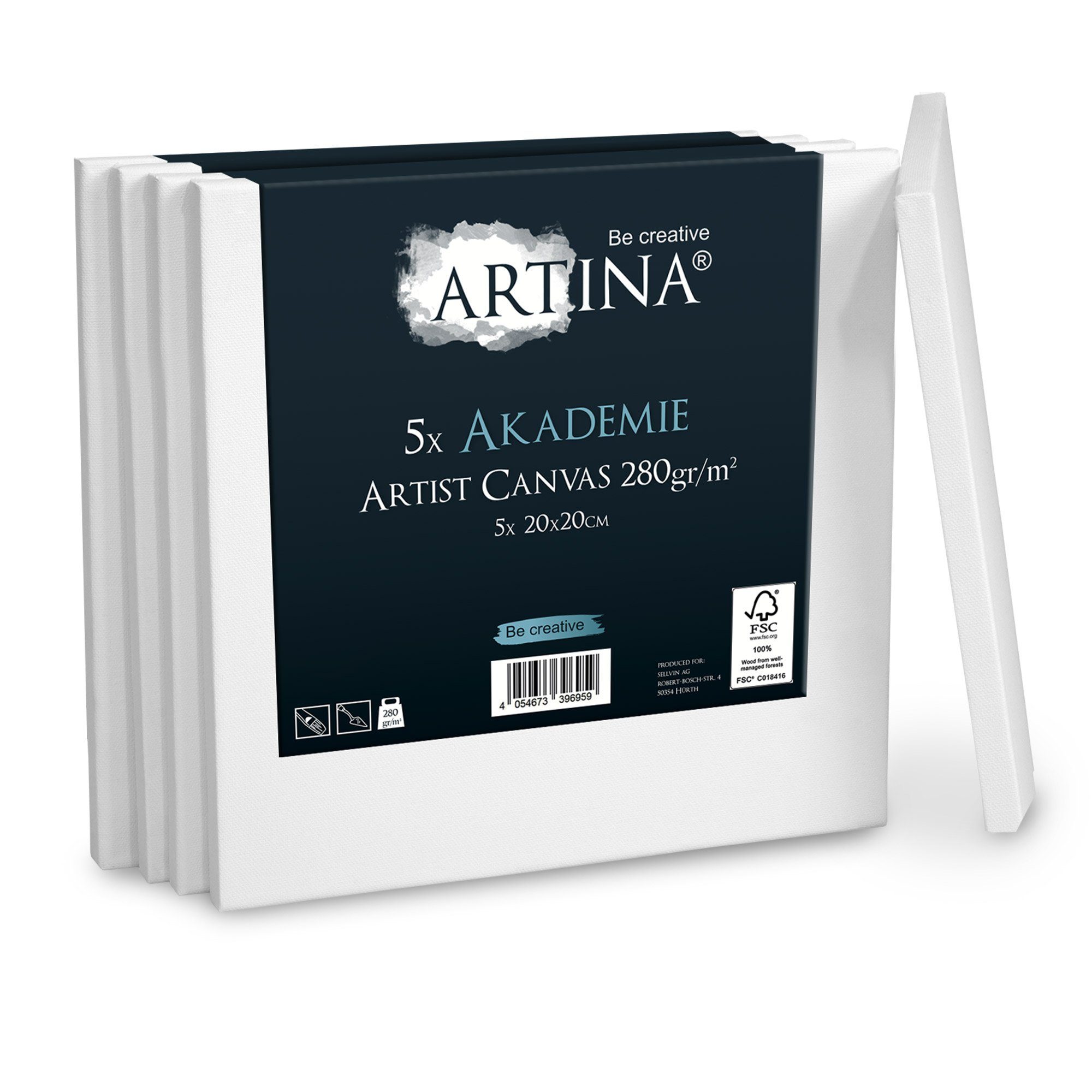 Artina Keilrahmen Keilrahmen Leinwand Akademie, 20x20cm, 5er Set, 100% Baumwolle Leinwände 280 g/m² für Acrylfarben Canvas