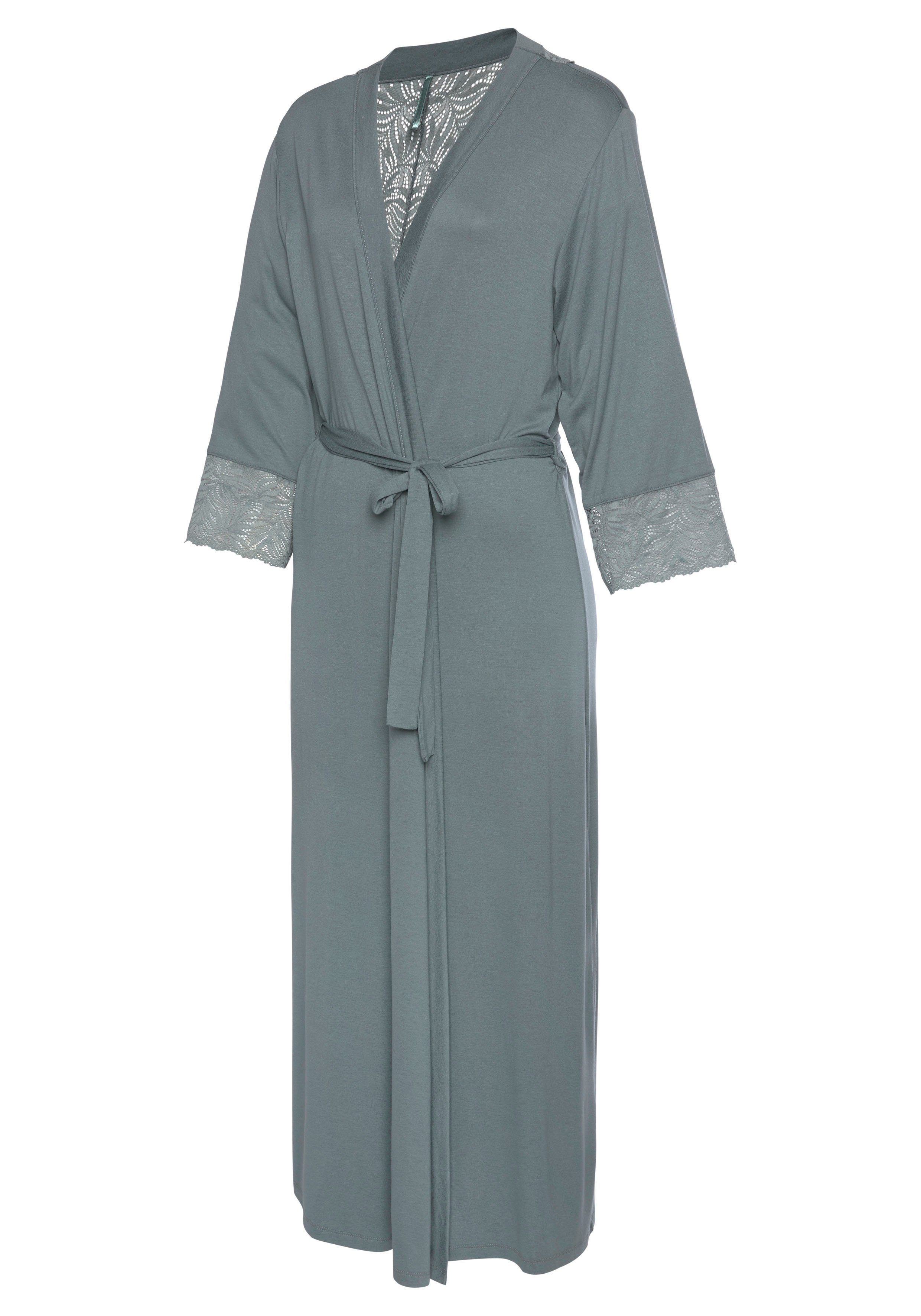 LASCANA Kimono, Langform, mit Gürtel, edlen Spitzendetails petrol Single-Jersey