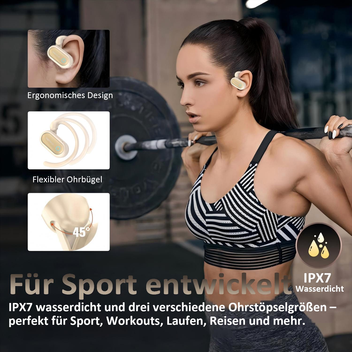 poweradd pro Bluetooth 6.0 Kopfhörer mit Mikrofon,verstellbare Ohrbügel, Open-Ear-Kopfhörer (Air-Conduction Ohrhörer mit ENC-Anrufen, LED-Display & IPX7-Schutz)