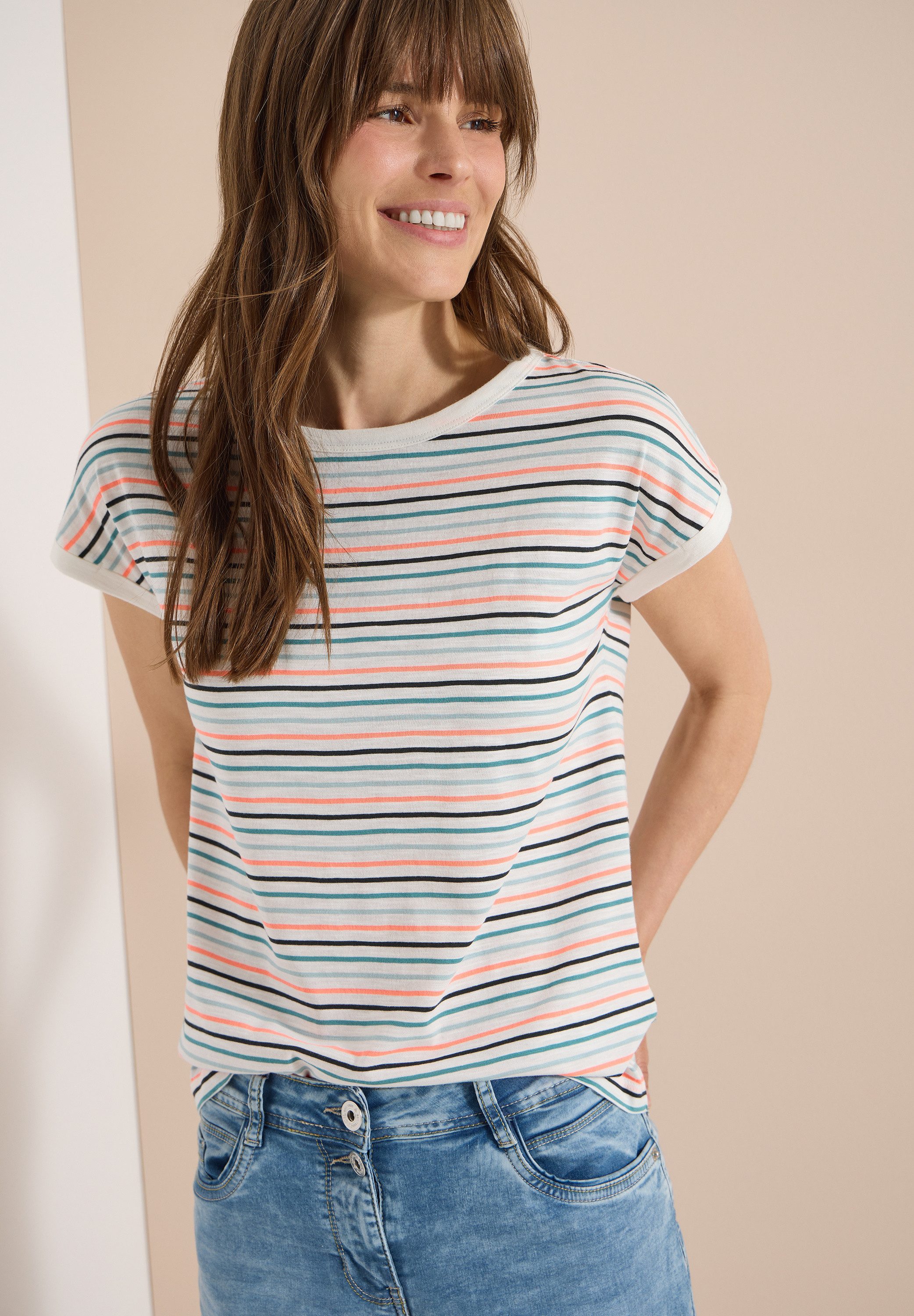 CECIL Kurzarmshirt Sommershirt mit Turn-Up-Detail/Streifen-Optik