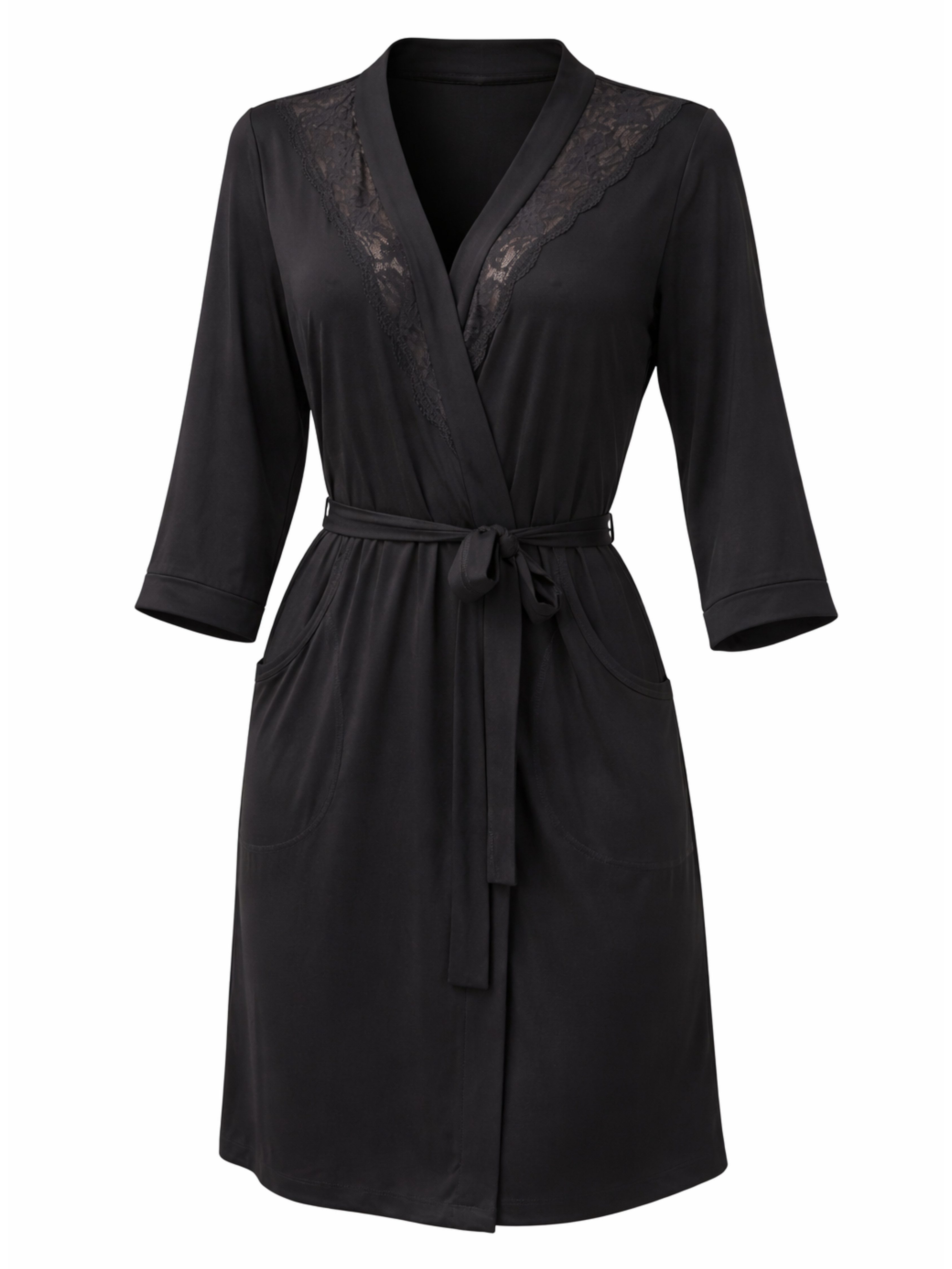 Donna Morgenmantel Kimono mit 3/4 Arm, Viskose-Elasthan, Schalkragen, Bindegürtel, mit Spitzenapplikation, edle Viskose-Qualität