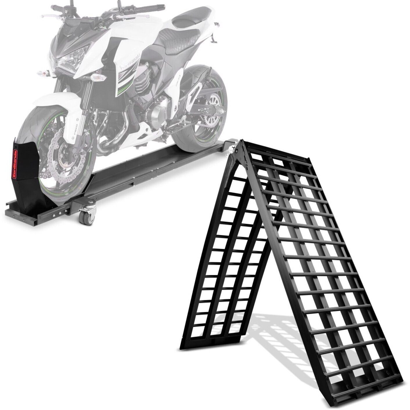 ConStands Motorradheber Set Rangierschiene + Alu Auffahrrampe S1