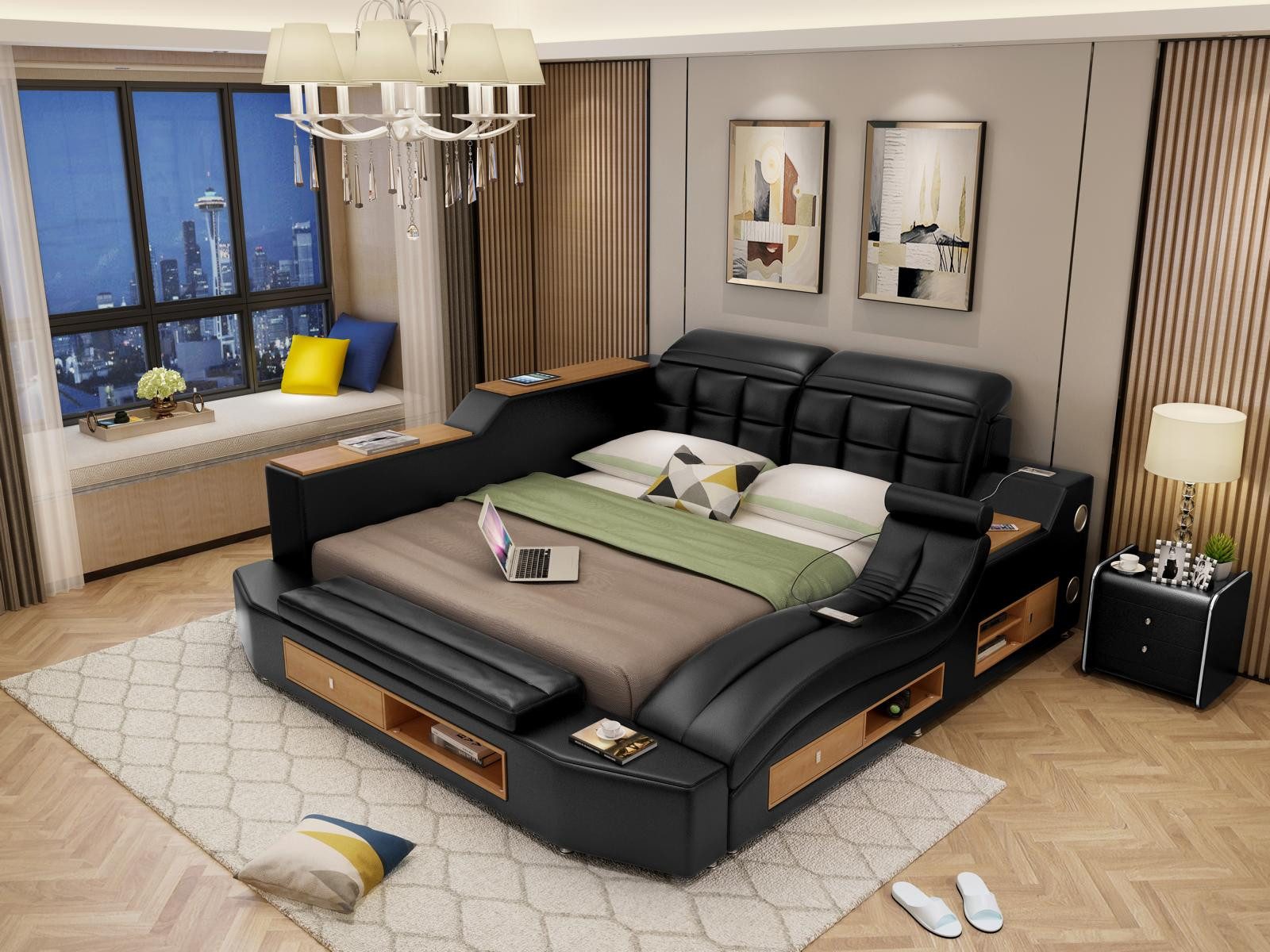 JVmoebel Multimediabett Bluetooth Doppelbett aus Kunstleder mit Relax Liege und Stauraum (1-tlg), Made in Europa
