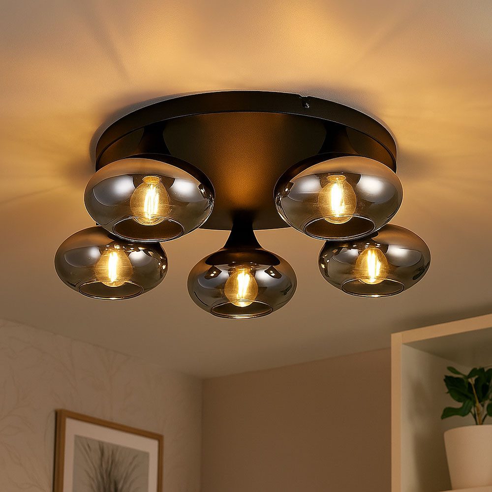 Reality Leuchten LED Deckenleuchte, Leuchtmittel inklusive, Warmweiß, LED Deckenleuchte Glas Metall schwarz Wohnzimmer dimmbar