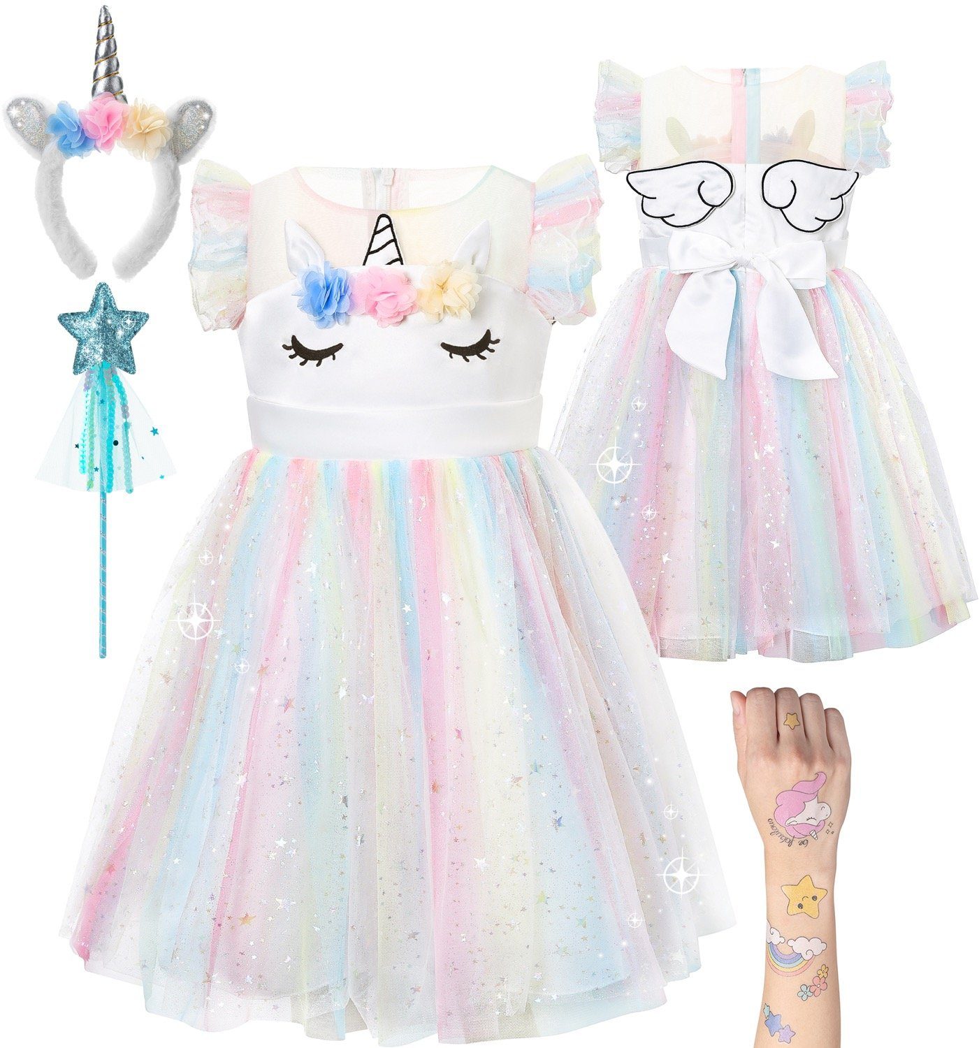 Corimori Prinzessin-Kostüm Bequemes Einhorn Kleid für Kinder, Karneval Set, mit Flügeln, Haarreif, Glitzer Zauberstab und Tattoos, Размер 134/140
