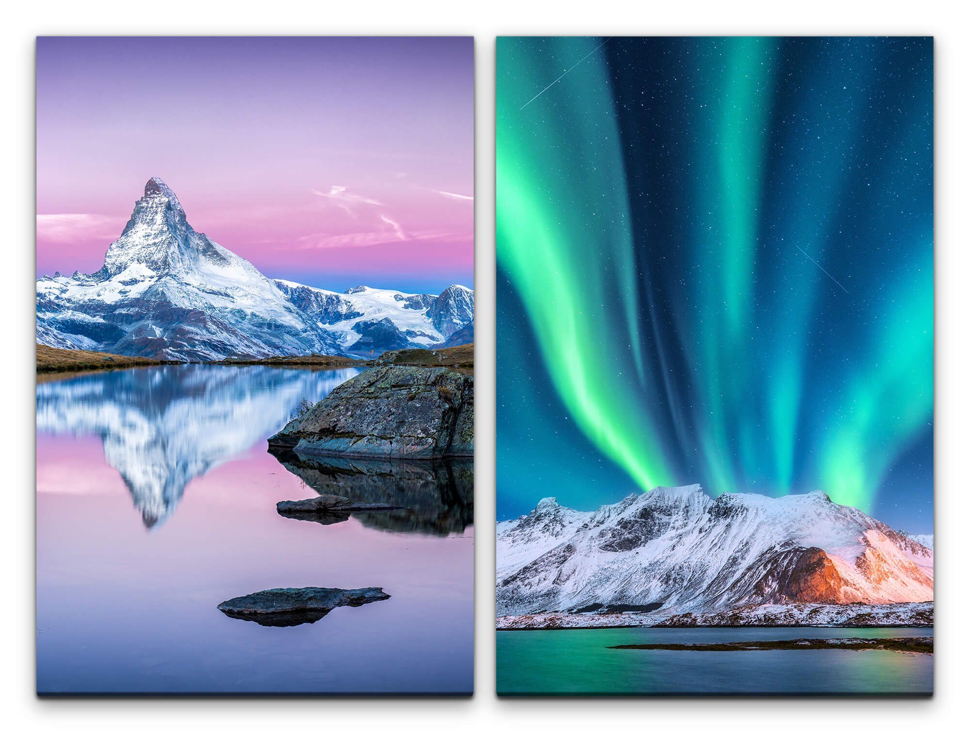 Sinus Art Leinwandbild 2 Bilder je 60x90cm Schneegipfel Polarlichter Norden Winter Himmlisch See Seelenfrieden