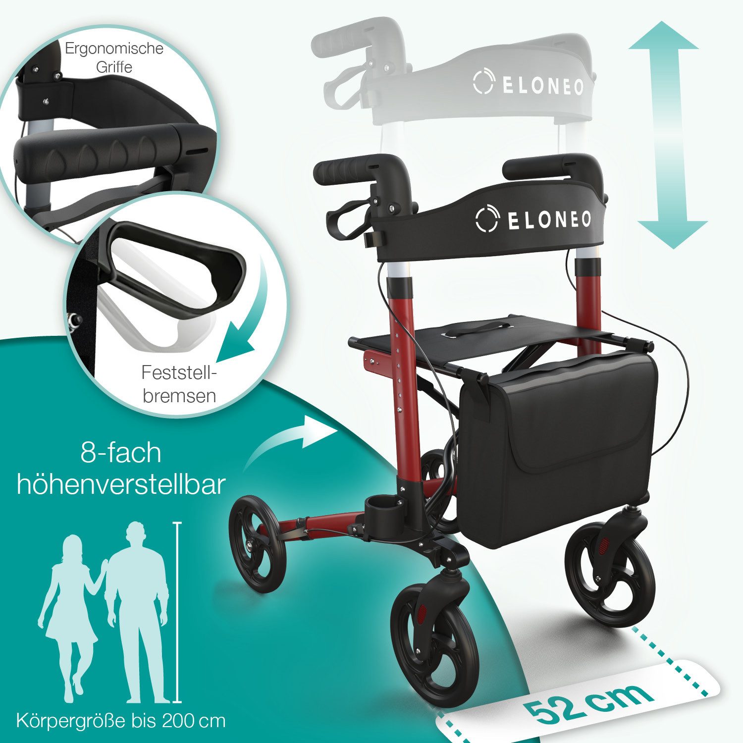 ELONEO Rollator leicht und faltbar mit Sitz, Gehhilfe 8-fach höhenverstellbar, Komfort-Sitz mit Stockhalter, Einkaufstasche & Rückengurt