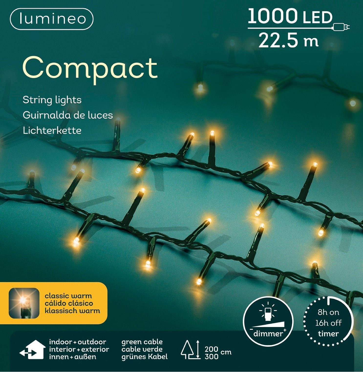 Lumineo LED-Lichterkette Lumineo Lichterkette Compact 1000 LED 22,5 m klassisch warm, Timer, Dimmbar, Timer, Indoor, Outdoor