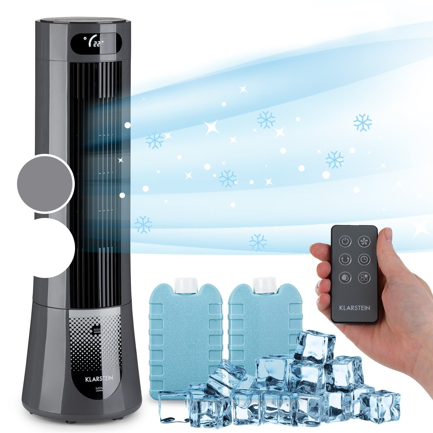 Klarstein Ventilatorkombigerät Skyscraper Frost Luftkühler, mit Wasserkühlung & Eis mobil Klimagerät ohne Abluftschlauch | Standventilatoren