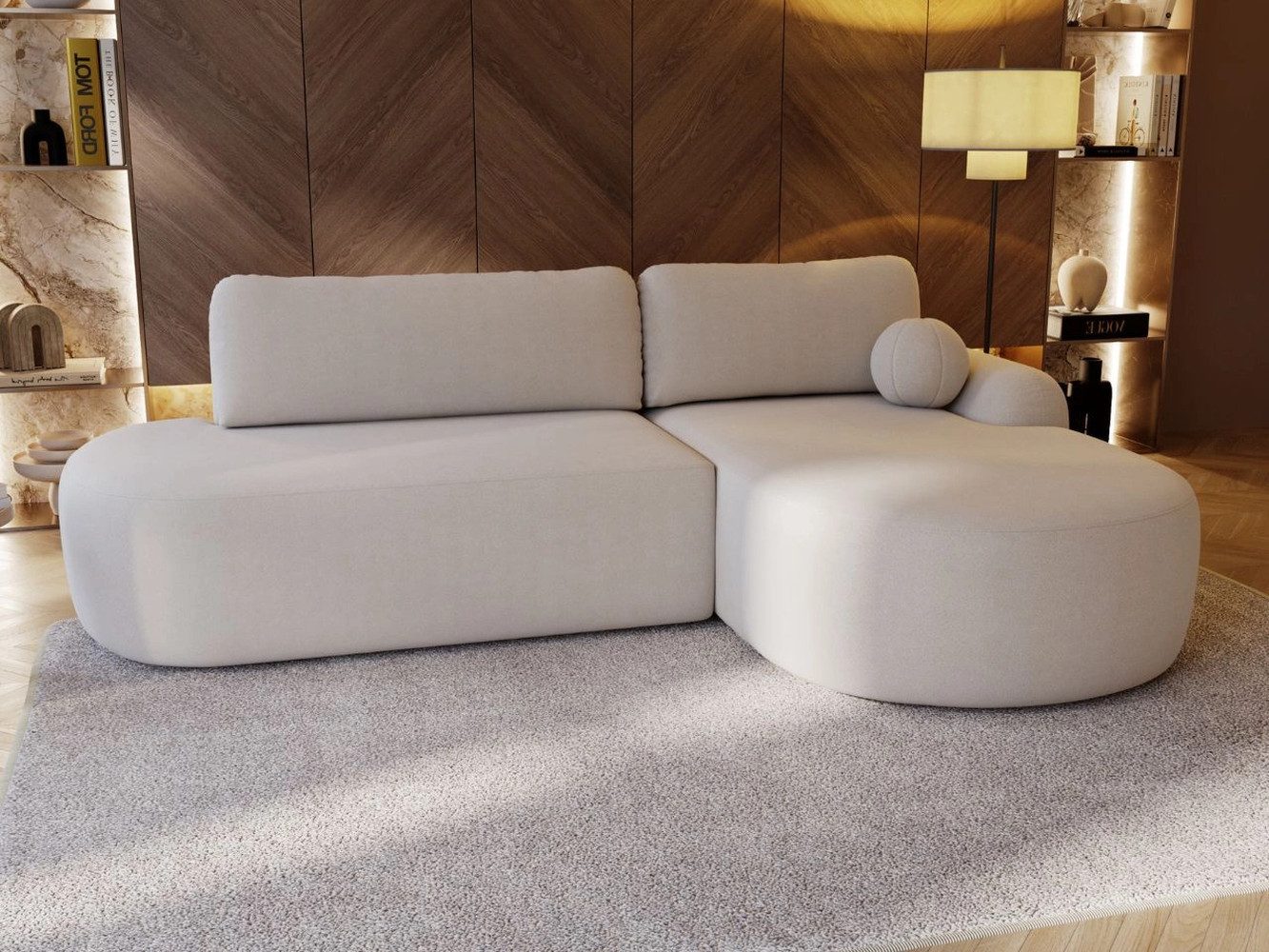 GrainGold Ecksofa mit Schlaffunktion und Bettkasten AURIO O - 271x177 cm, Creme, Wellenfedern, T30-Schaum, Bouclé