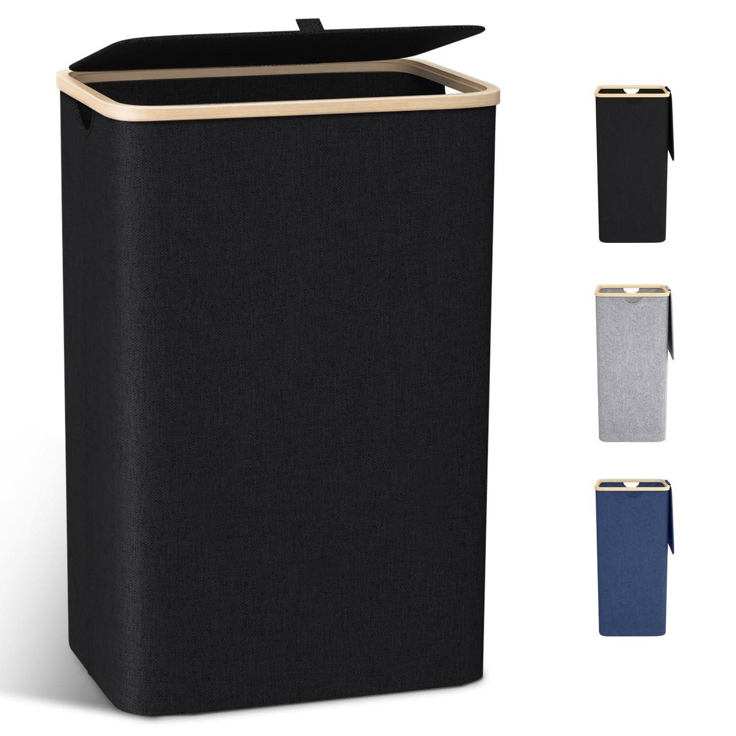 LuxusKollektion Wäschetruhe Wäschekorb Deckel Bambusdeckel Wäschesack 100L Schwarz 100l