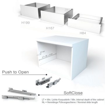 SO-TECH® Schubkasten System JUNKER SLIM H: 84 mm, bis 35 kg Last mit Push to Open, weiß, 13 mm schlanke Schubladenzargen, Nennlänge 300 mm