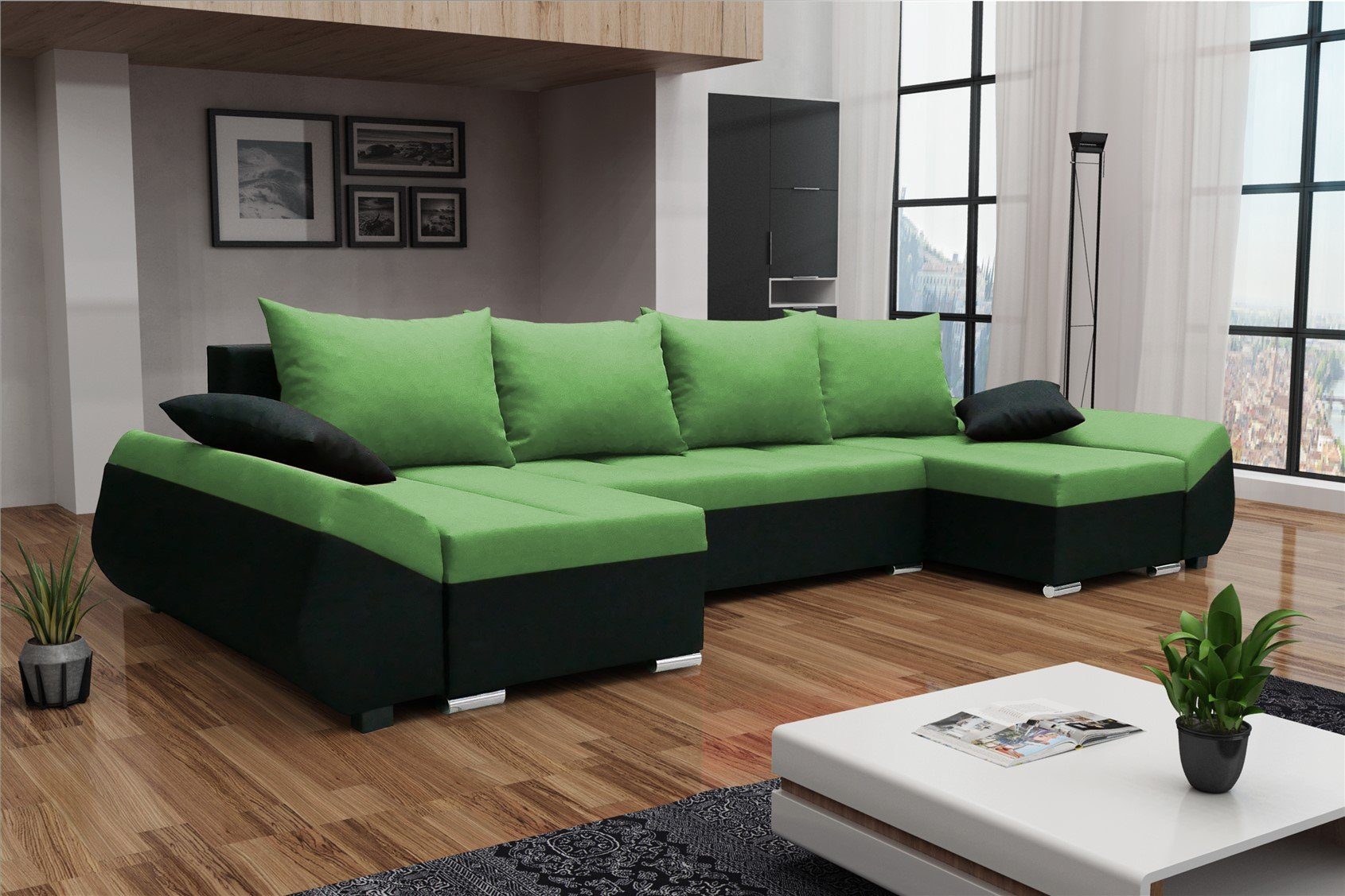 Fun Möbel Wohnlandschaft Sofa in U-Form KLEO in Stoff, inkl. Rückenkissen und Zierkissen, mit Bettkasten Schwarz-Grün