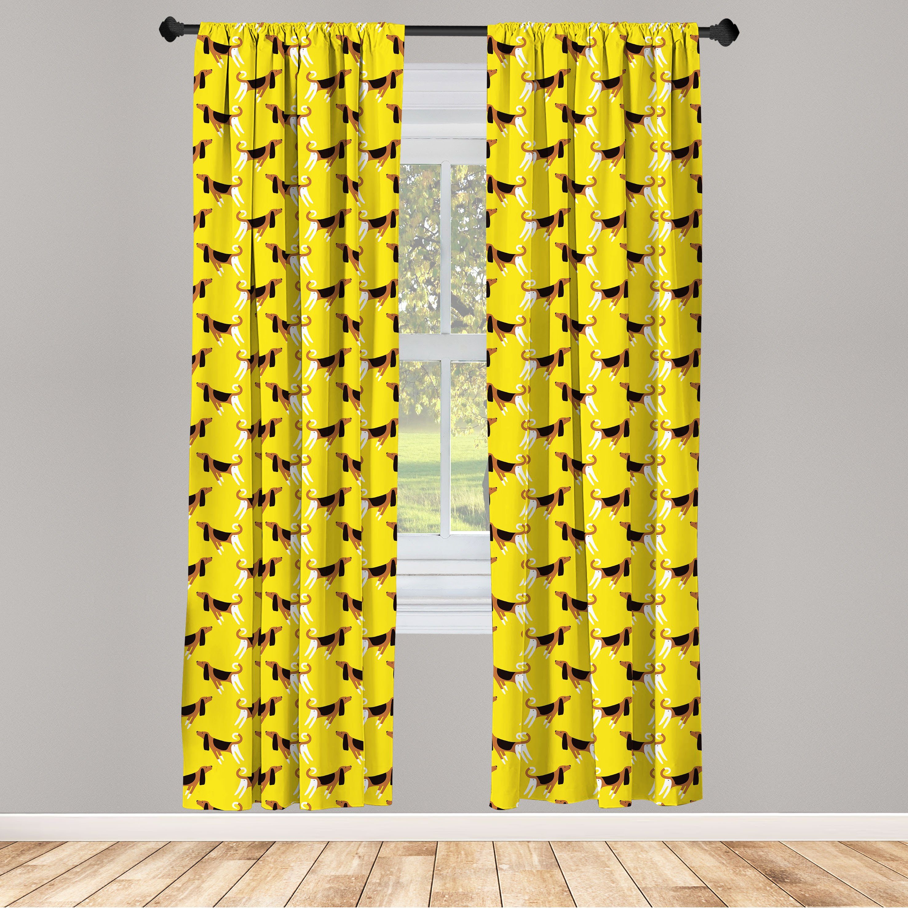 Gardine Vorhang für Wohnzimmer Schlafzimmer Dekor, Abakuhaus, Microfaser, Hunde Fun Pet Charaktere auf Gelb