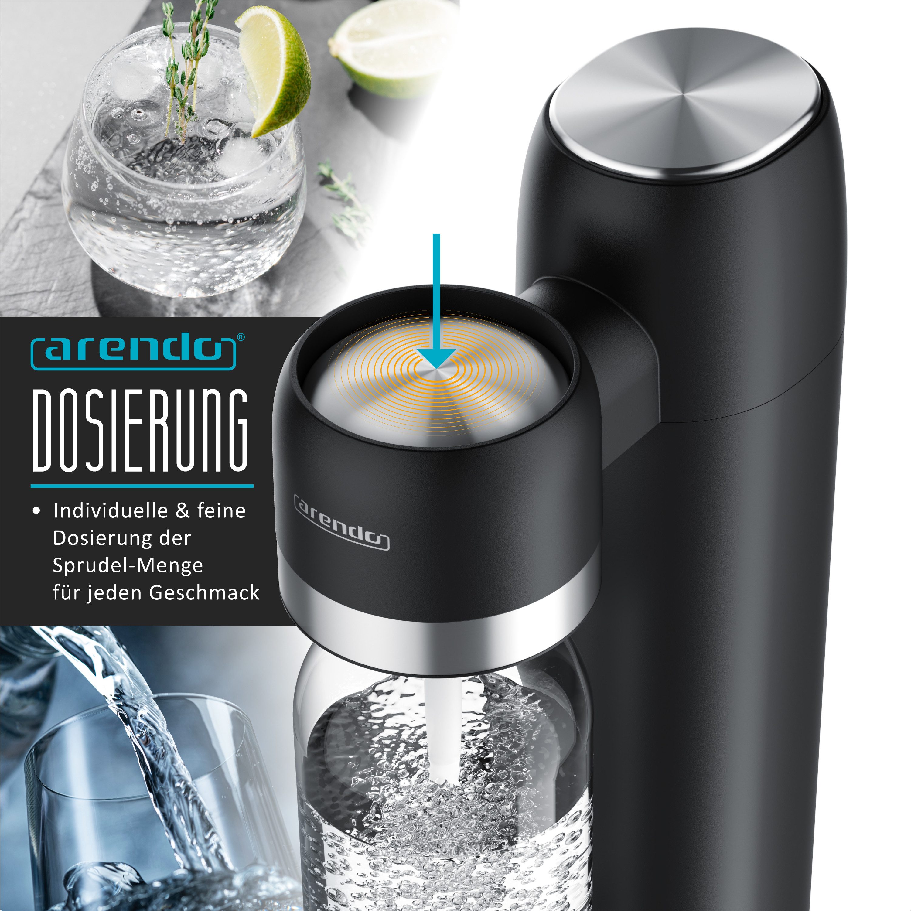 Arendo Wassersprudler Soda Streamer, 2x 1000 ml Flaschen, kompatibel mit 60l CO2 Zylindern, (Set, 3-tlg., Soda Maker, 2x PET-Flasche), Soda Maker + 2 Wasserflaschen, BPA-frei, fein dosierbar, Carbonator
