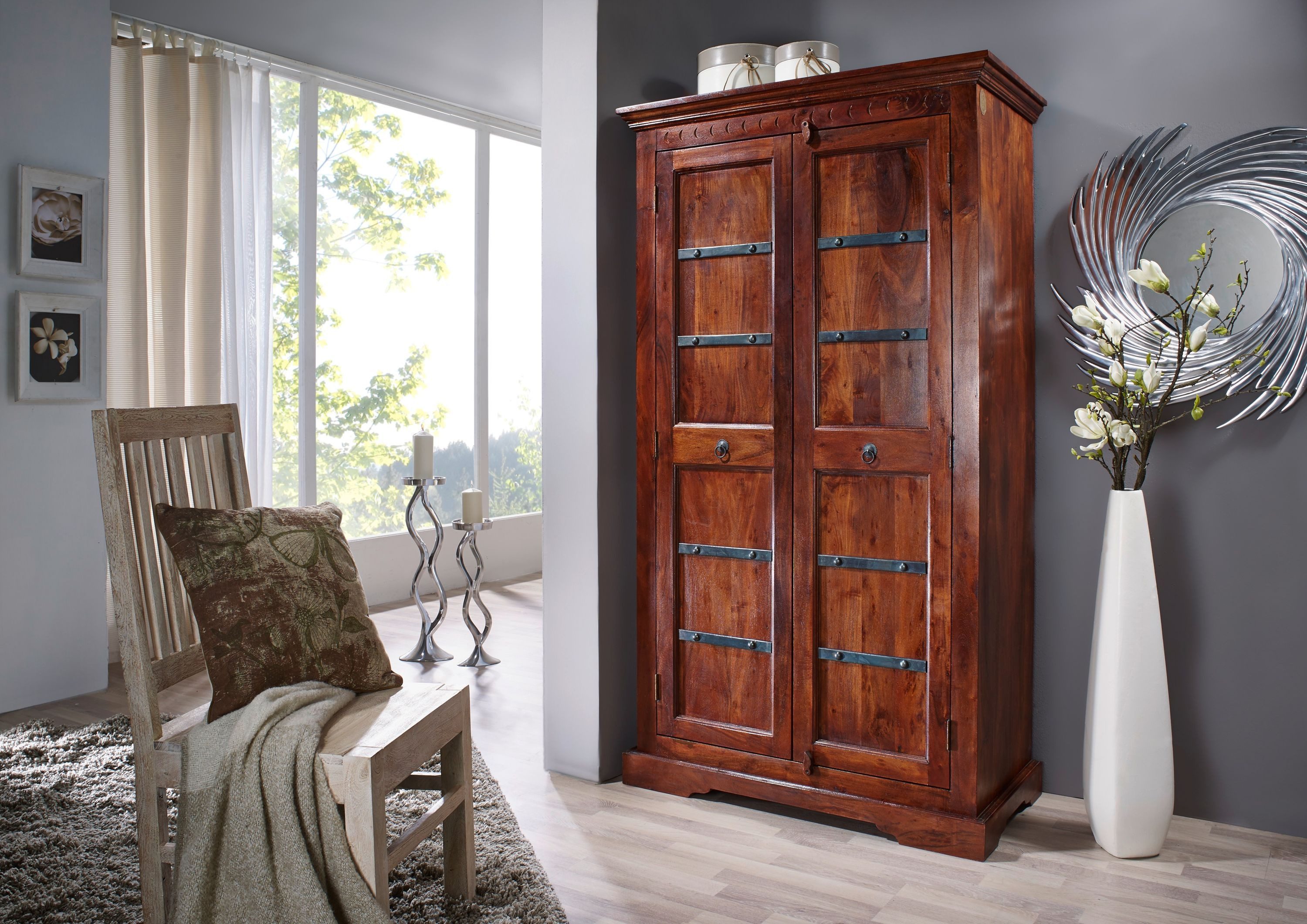 Massivmoebel24 Dreh-/Schwebetürenschrank OXFORD (Schrank Akazie 97x50x176 nougat OXFORD #401) Schrank Akazie 97x50x176 nougat OXFORD #401