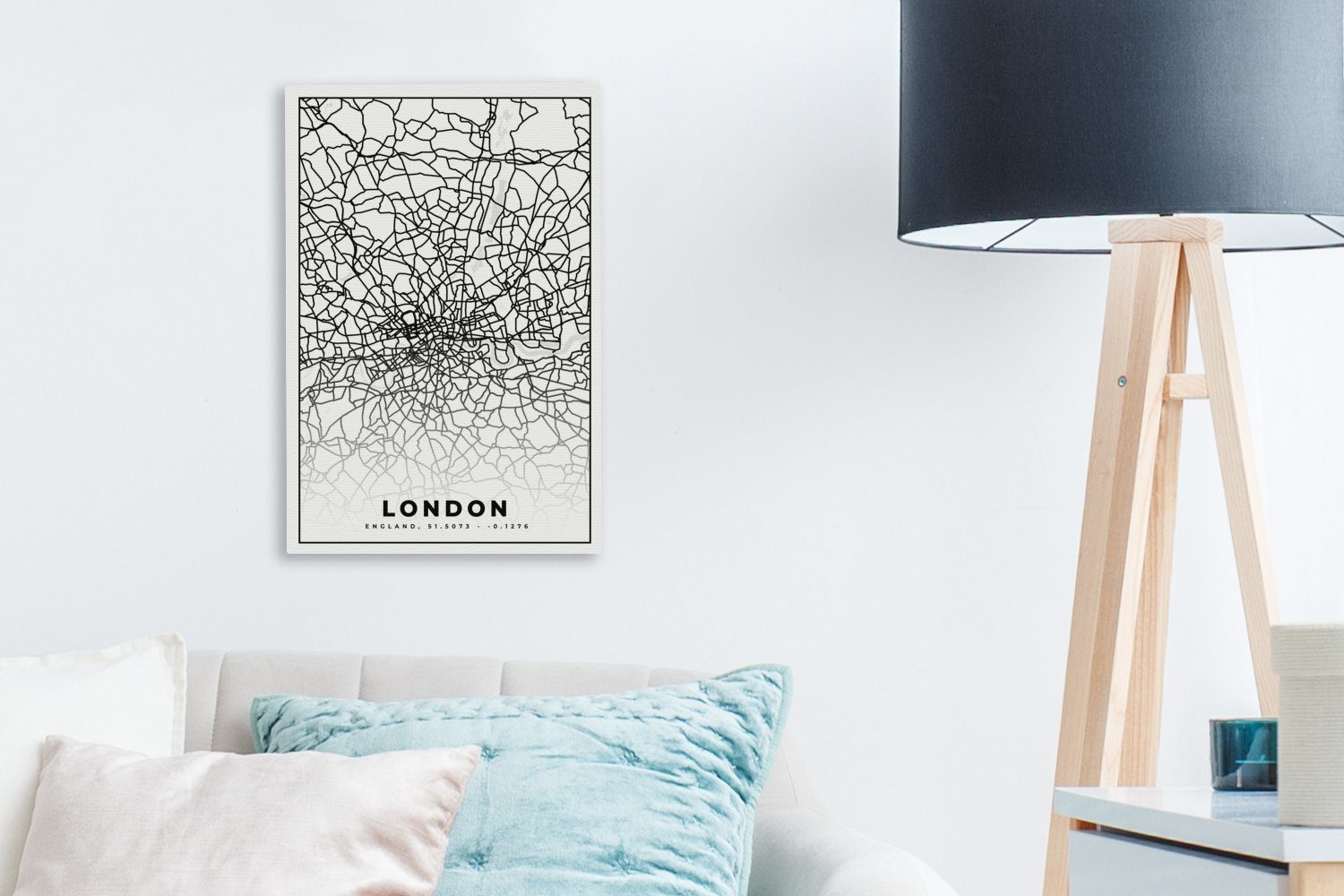 und Zackenaufhänger, Leinwandbild London fertig inkl. bespannt Leinwandbild 20x30 Karte, Stadtplan Schwarz St), weiß Gemälde, cm (1 - OneMillionCanvasses® - -