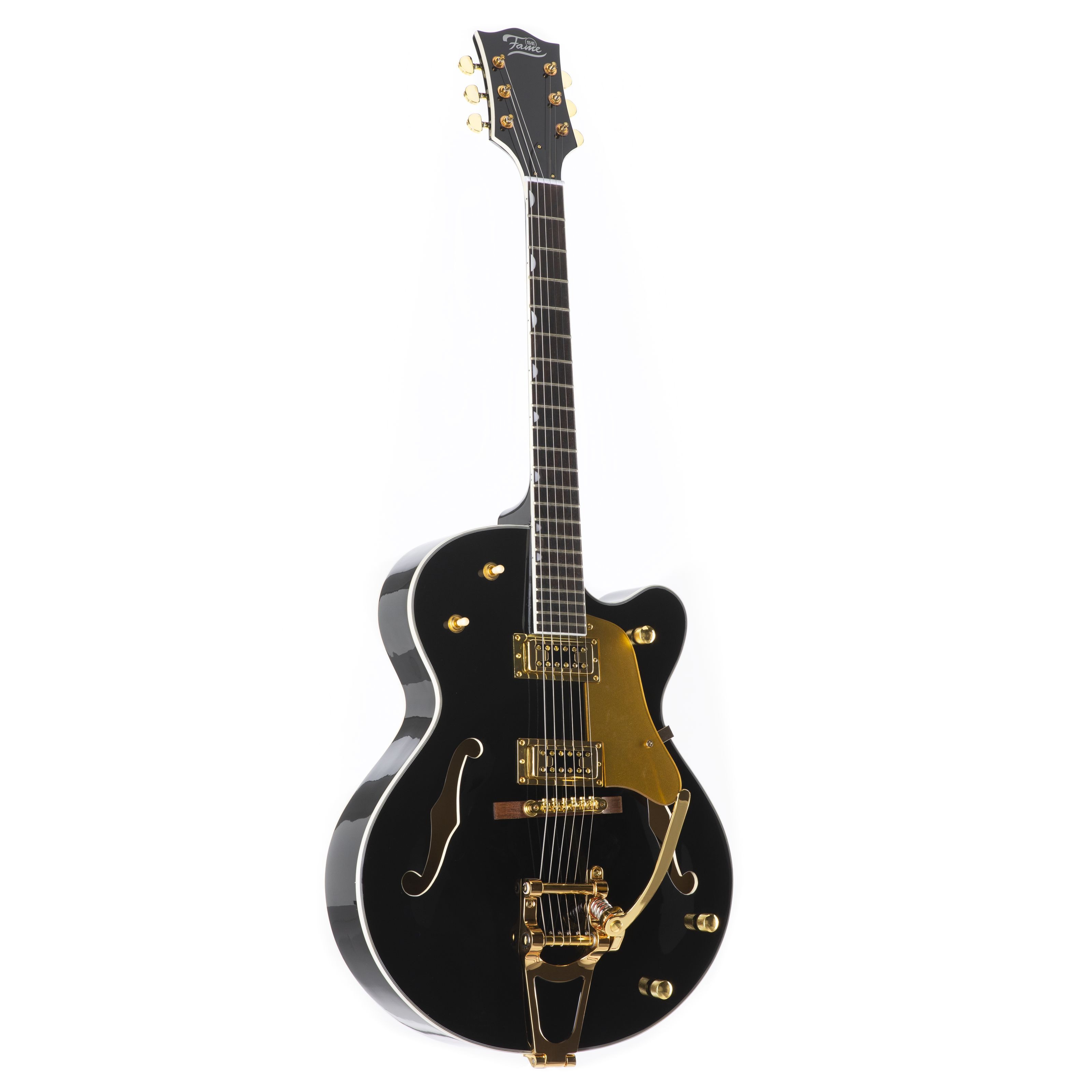 FAME Halbakustik-Gitarre, SE Series Big Boy Hollow Body Jazz Gitarre Tron-Style Humbucker Gold Hardware Bigsby-Style Vibrato Schwarz, Halb-Akustik Гитары, Hollow-Body Modelle, SE Series Big Boy, Hollow Body Jazz Gitarre, Tron-Style Humbucker