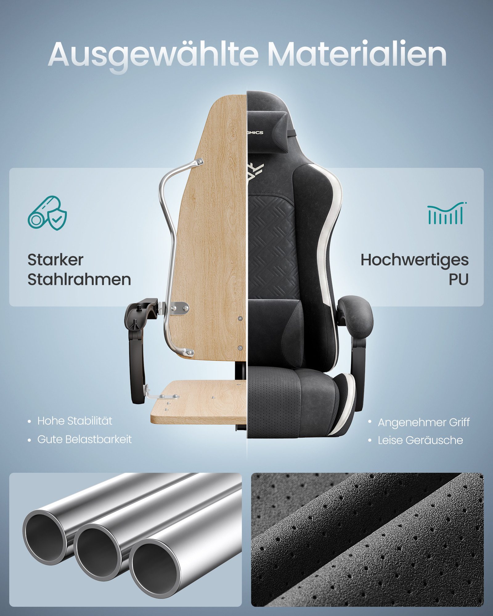 SONGMICS Bürostuhl Gaming-Stuhl, Schreibtischstuhl, ergonomischer Gaming-Sessel, mit Federn, Fußstütze, Armlehnen mit Synchronmechanik, Sitzkissen – Bild 4 von 5