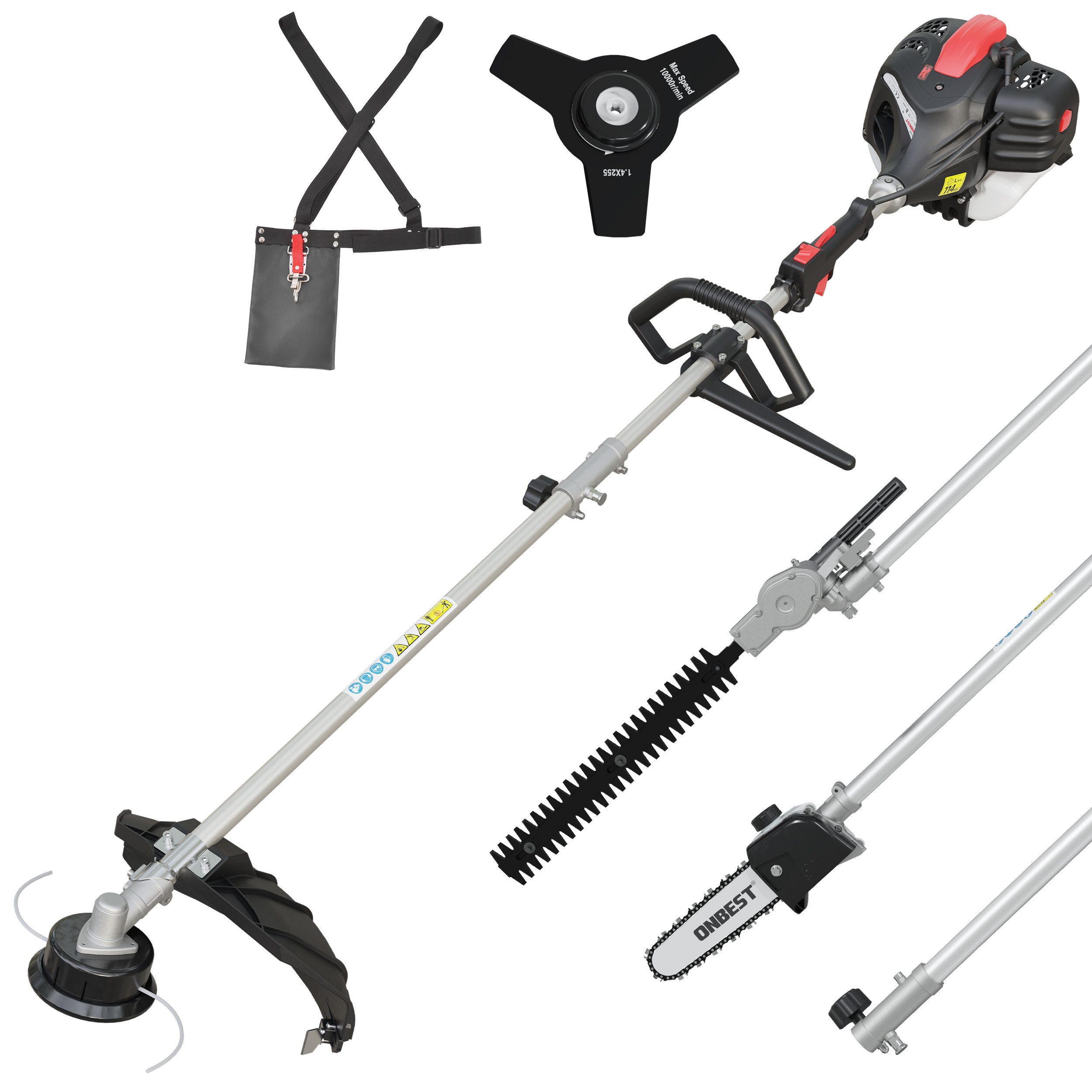 Onbest Benzin-Motorsense MT1452 Multitool 4in1, 25,5 cm Arbeitsbreite Messer, 45 cm Arbeitsbreite Faden, 52 cm³, 9200 U/min, 1,2 Liter, Tragegurt