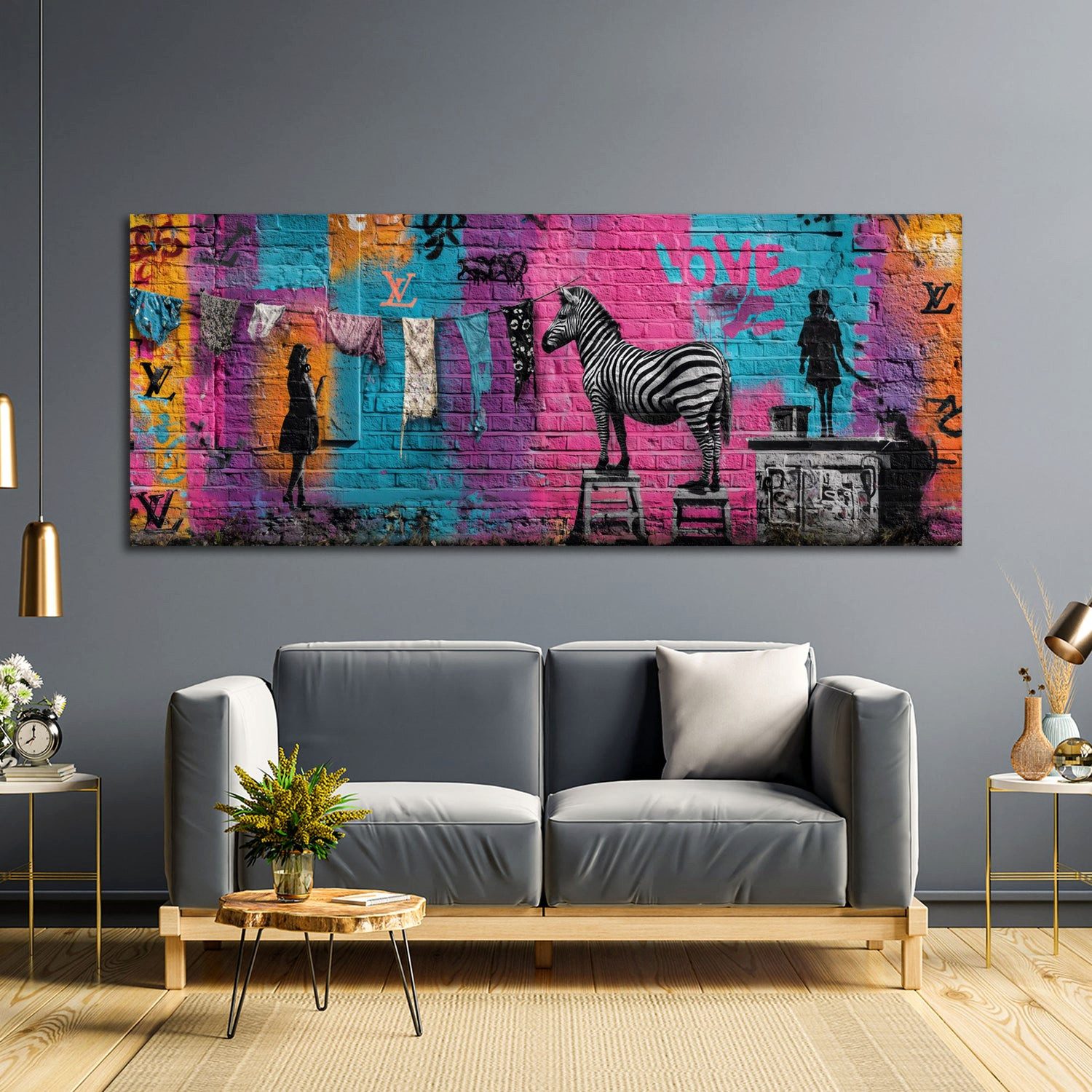 Artedinoi Leinwandbild Graffiti Wäscheleine Zebra Love Leinwandbild Wandbild Kunstdruck XL De, Zebra an Wäscheleine, Love