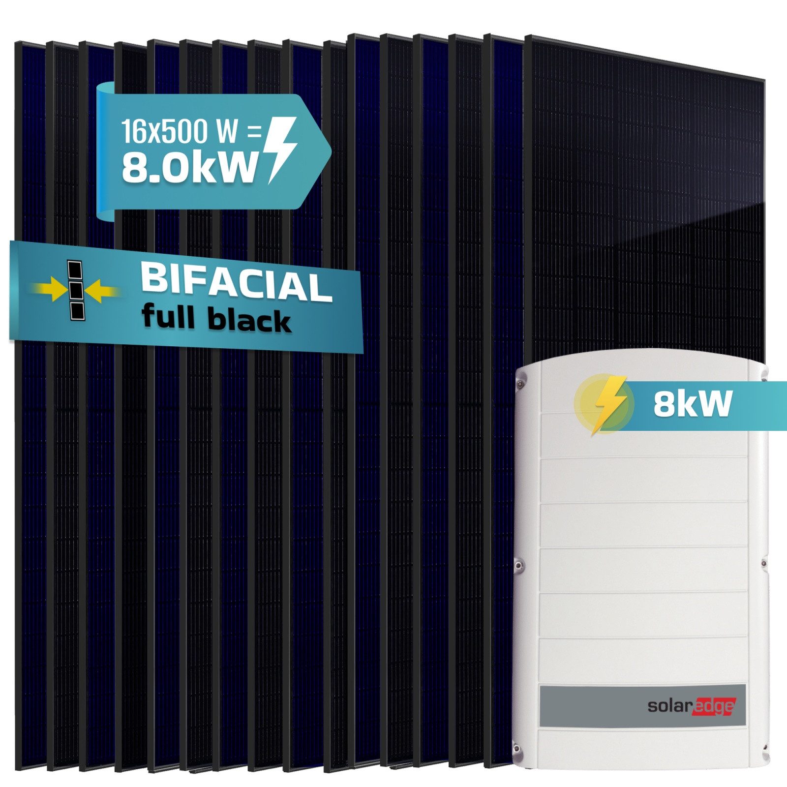 SUNNIVA Solaranlage 8.0 kW, Monokristallin, (16x 500 W Solarmodule Fullblack Bifacial, Wechselrichter SolarEdge SE8K (3-phasig)