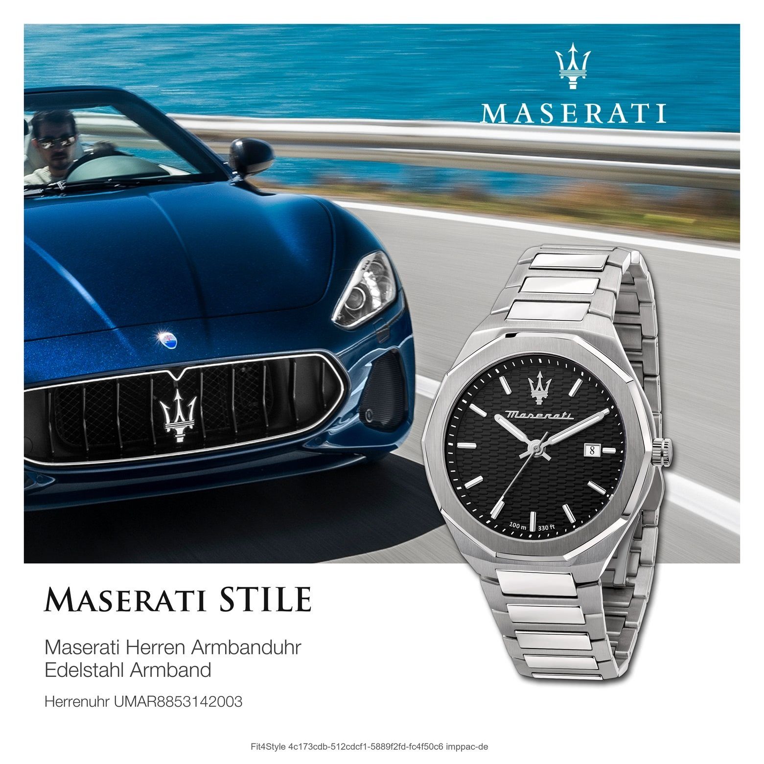 STILE, Uhr Maserati 45mm) Analog rund, Italy Made-In Herren groß Quarzuhr Edelstahlarmband, MASERATI (ca. Herrenuhr