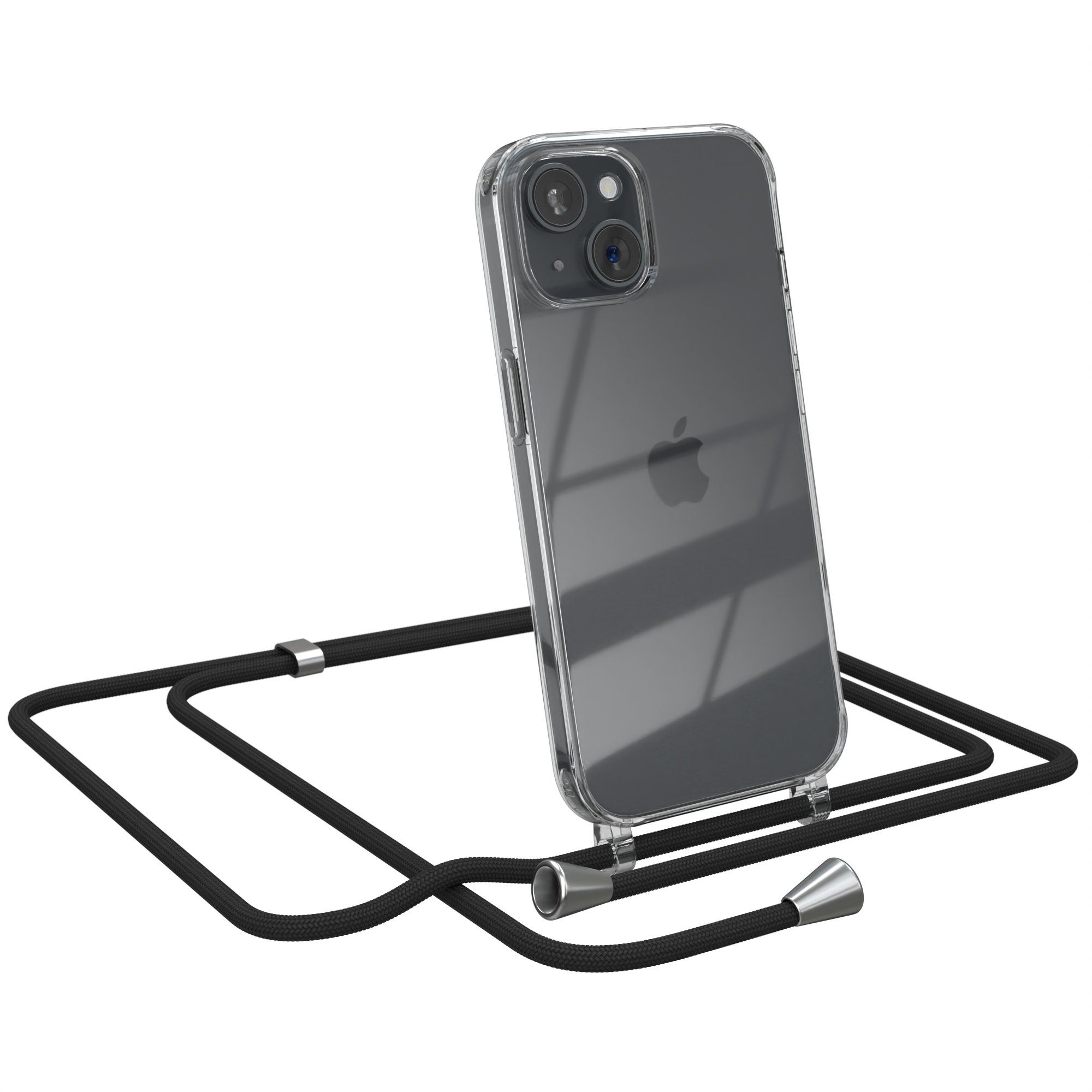 EAZY CASE Handykette mit-/ ohne Magsafe Hülle für iPhone 15 6,1 Zoll, Handykette Hülle mit Band Slimcover Schutzhülle Schwarz Clips Silber