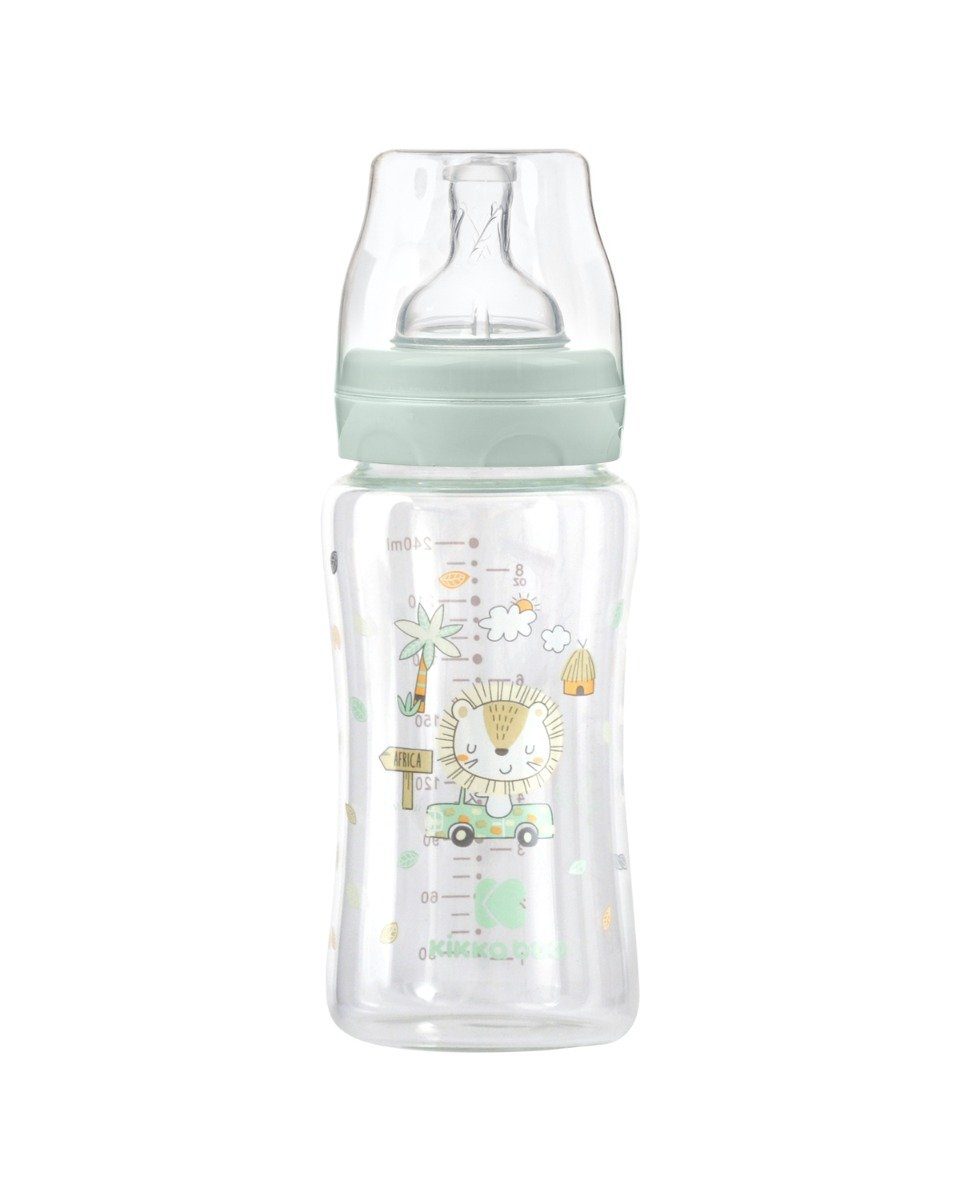 ml, Glasflasche Baby Größe Babyflasche grün M Deckel, Kikkaboo 240 Weithalsöffnung, Silikonsauger
