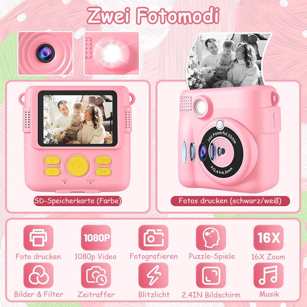 TUWENA Kinderkamera Sofortbildkamera, Digitalkamera mit Druckpapier 32G Karte Sofortbildkamera (1080P 16x Digitalzoom 2,4 Zoll Bildschirm für Kinder 3-12 Jahren)