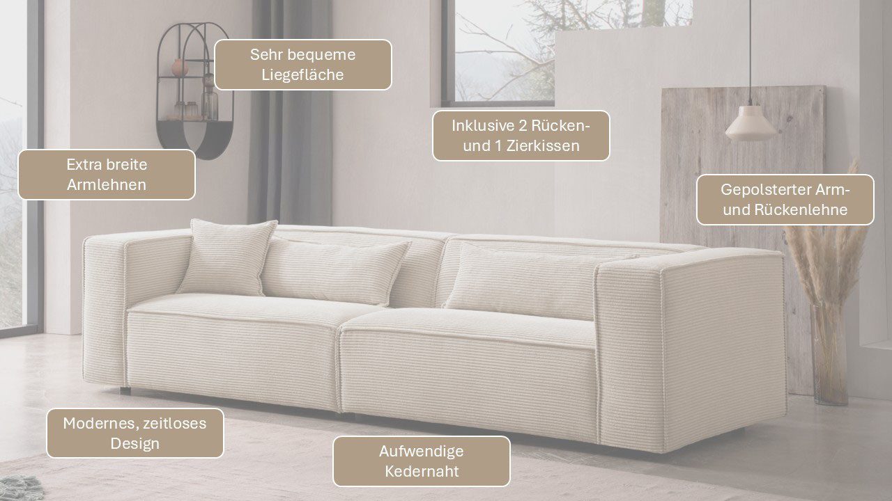LeGer Home by Lena Gercke 3-Sitzer PIARA, Struktur u. Leinenoptik, Sofa mit Kedernaht, schwarze Füße, bequemer Sitzkomfort – Bild 4 von 5