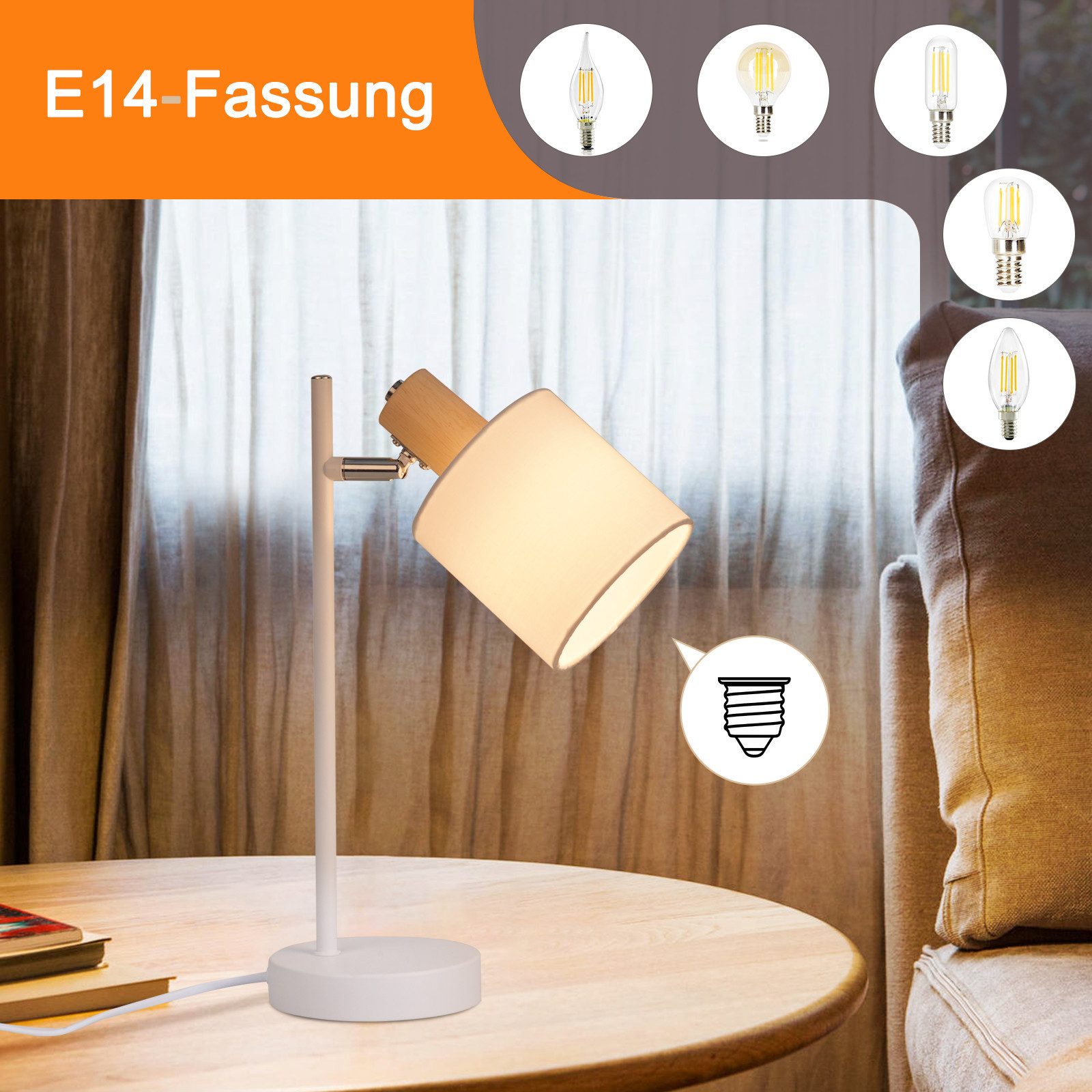 Nettlife Tischleuchte Holz Vintage Weiß Stoffschirm 35.5cm E14 mit Schalter Nachttischlampe, Schwenkbar, ohne Leuchtmittel, mit Kabel und Stecker Drehbar Tischlampe für Wohnzimmer Büro