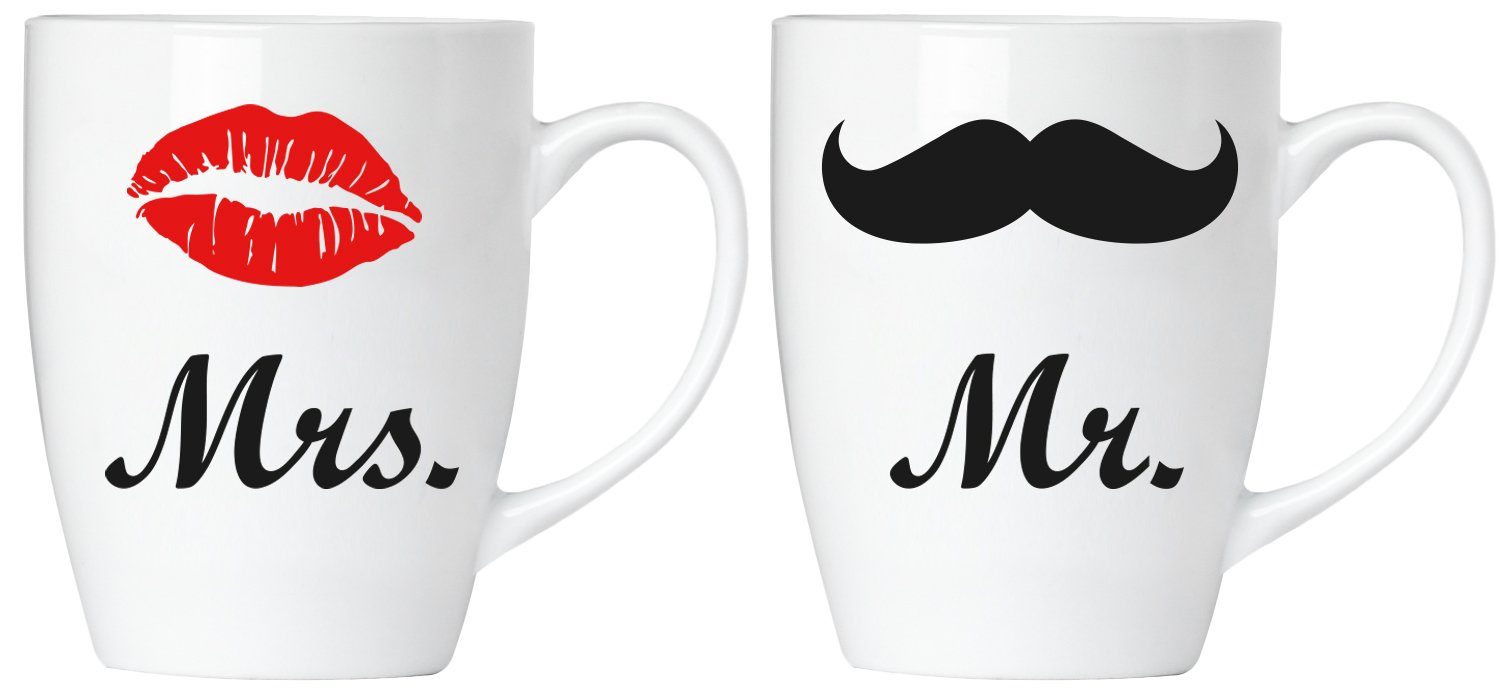 BRUBAKER Tasse 2er-Set Motivtassen "Mr." und "Mrs.", 4-tlg., Keramik, Kaffeebecher in Geschenkpackung mit Grußkarte, Kussmund und Schnauzer