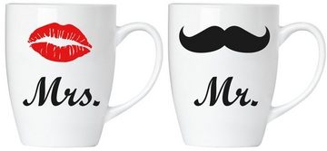 BRUBAKER Tasse 2er-Set Motivtassen "Mr." und "Mrs.", Keramik, Kaffeebecher mit Kussmund und Schnurrbart, Kaffeetassen in Geschenkpackung, Geschenkset mit Grußkarte