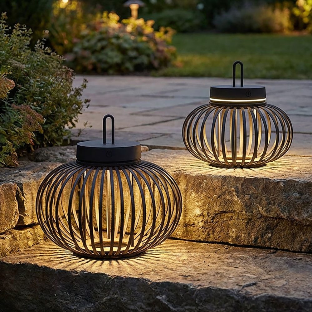 JUST LIGHT LED Außen-Tischleuchte, LED-Leuchtmittel fest verbaut, Warmweiß, LED Tischleuchte Pendellampe Akku Bambus schwarz USB Touchdimmer 2x