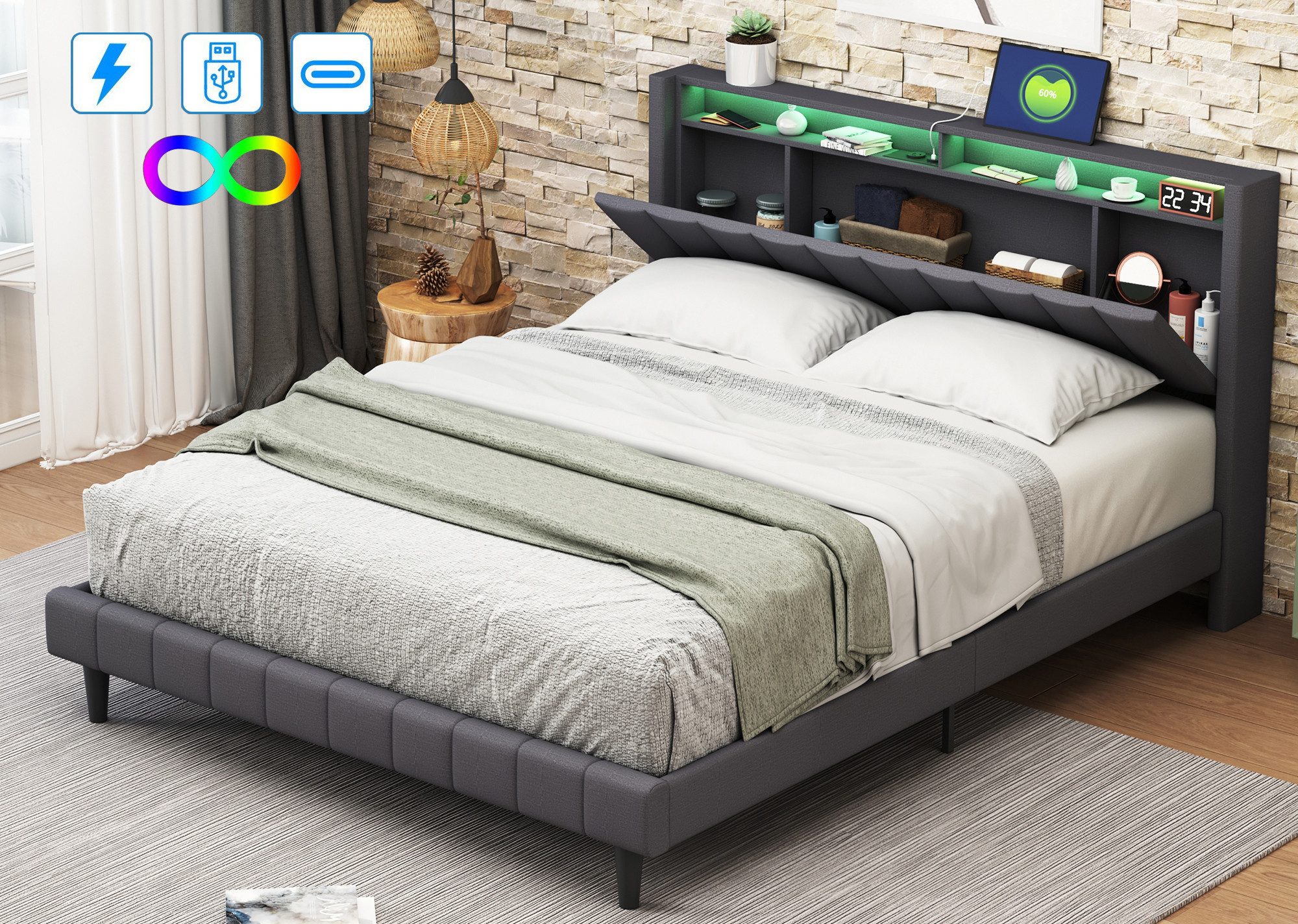 FUROKOY Polsterbett Doppelbett Stauraumbett mit LED-Beleuchtung günstig online kaufen